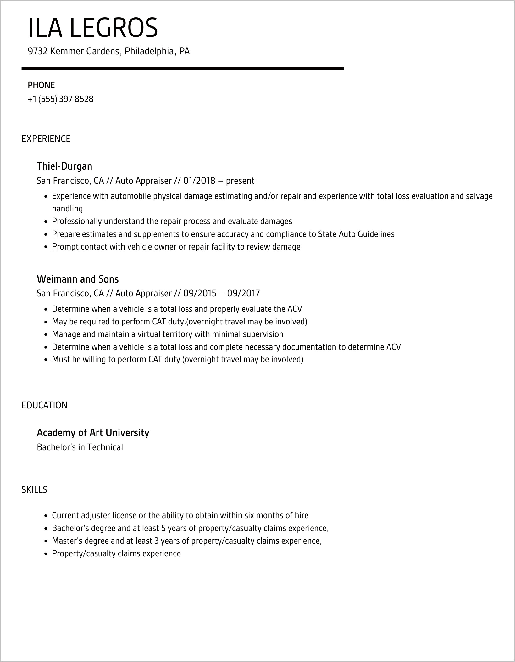 Auto Damage Appraiser Resume Sample