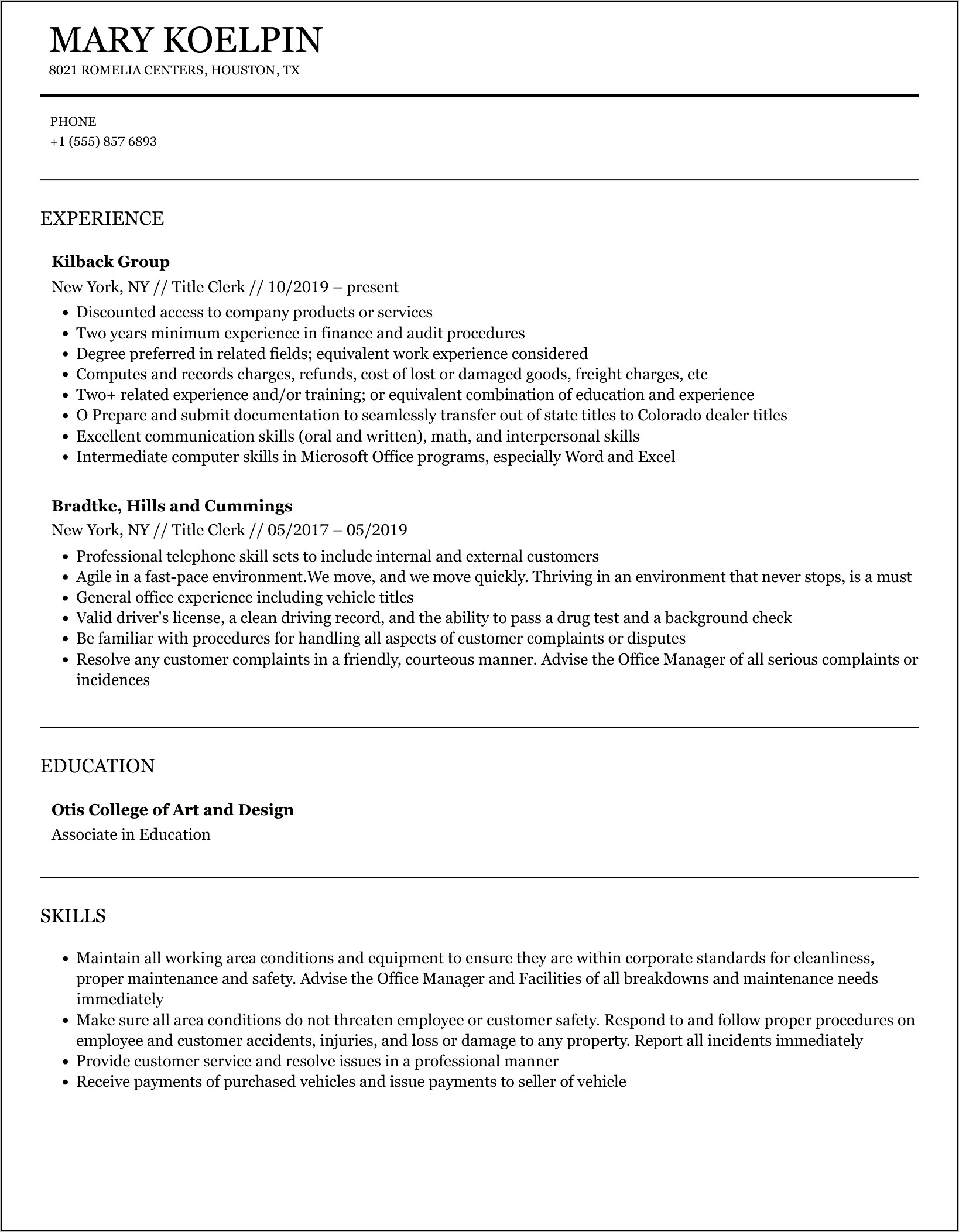 Auto Title Clerk Resume Sample