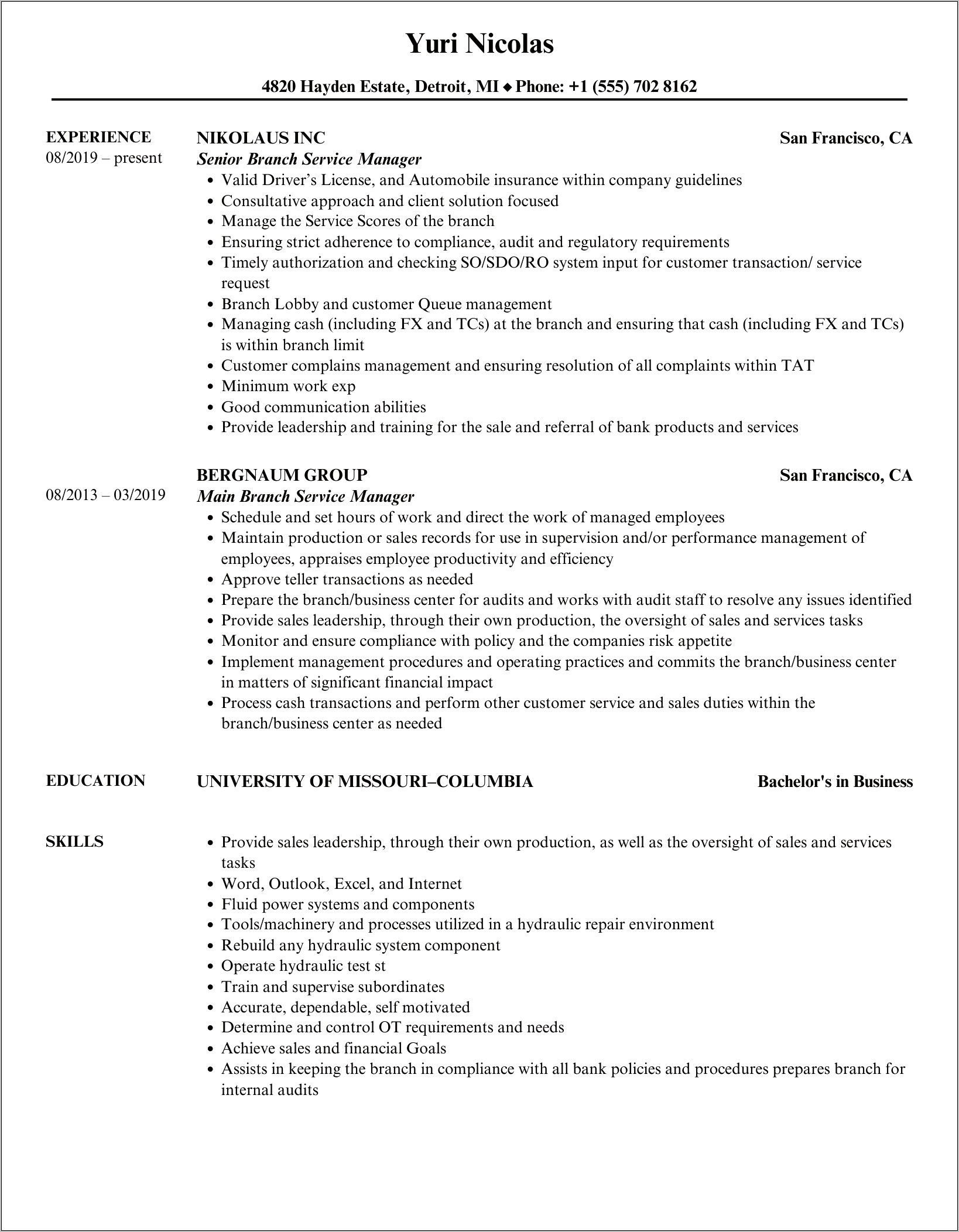 Bank Service Manager Resume Examples