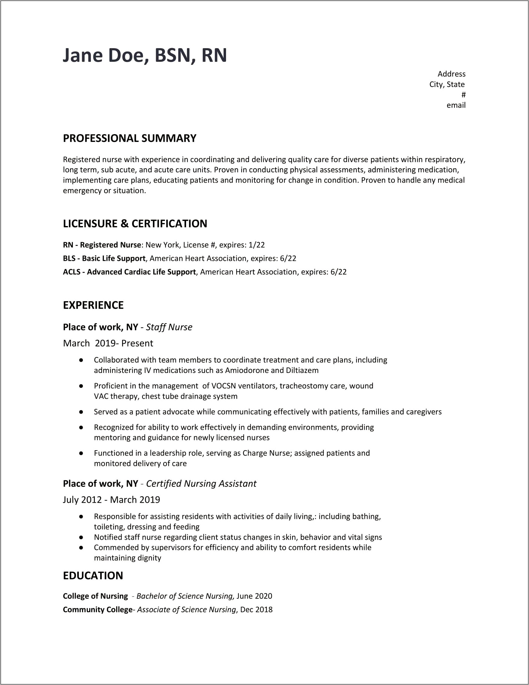 Bsn Job Description For Resume