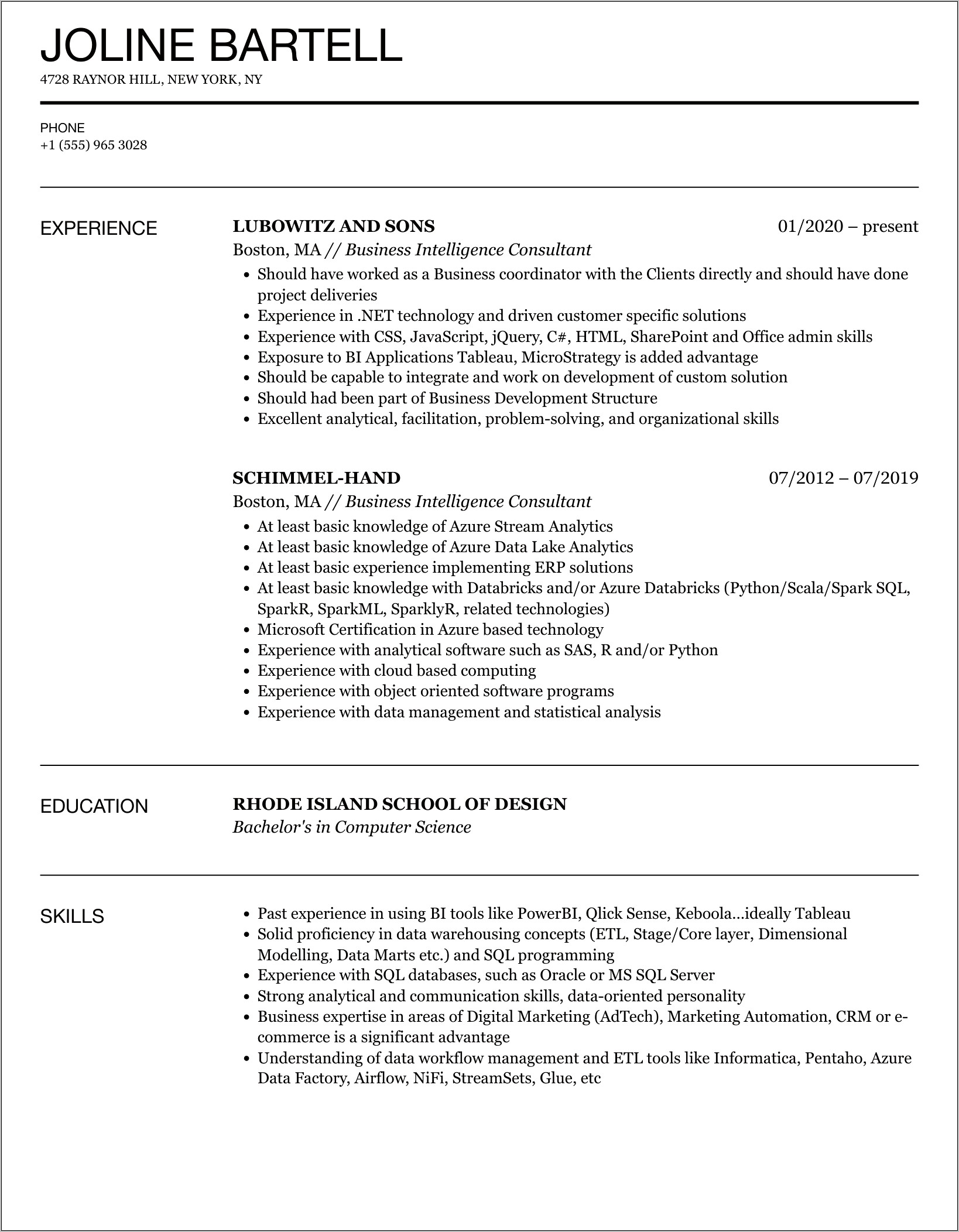 Business Intelligence Consultant Sample Resume