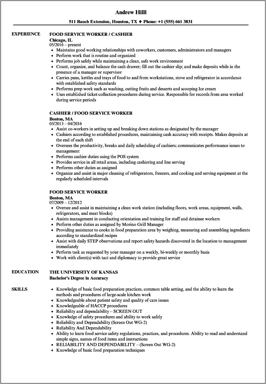 Cafeteria Worker Job Description Resume