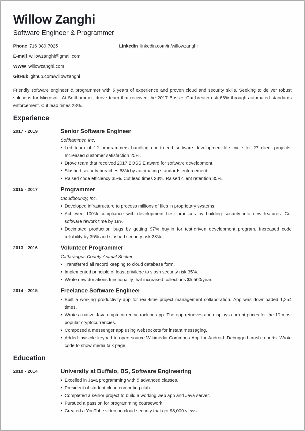 Canada Software Developer Resume Sample