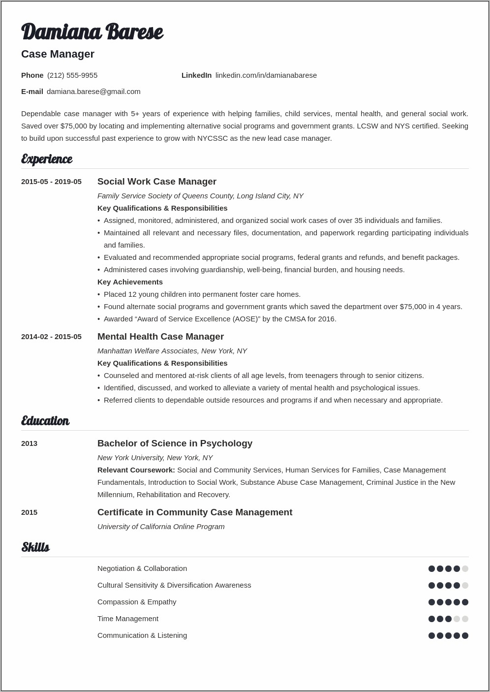 Case Manager Work Experience Resume