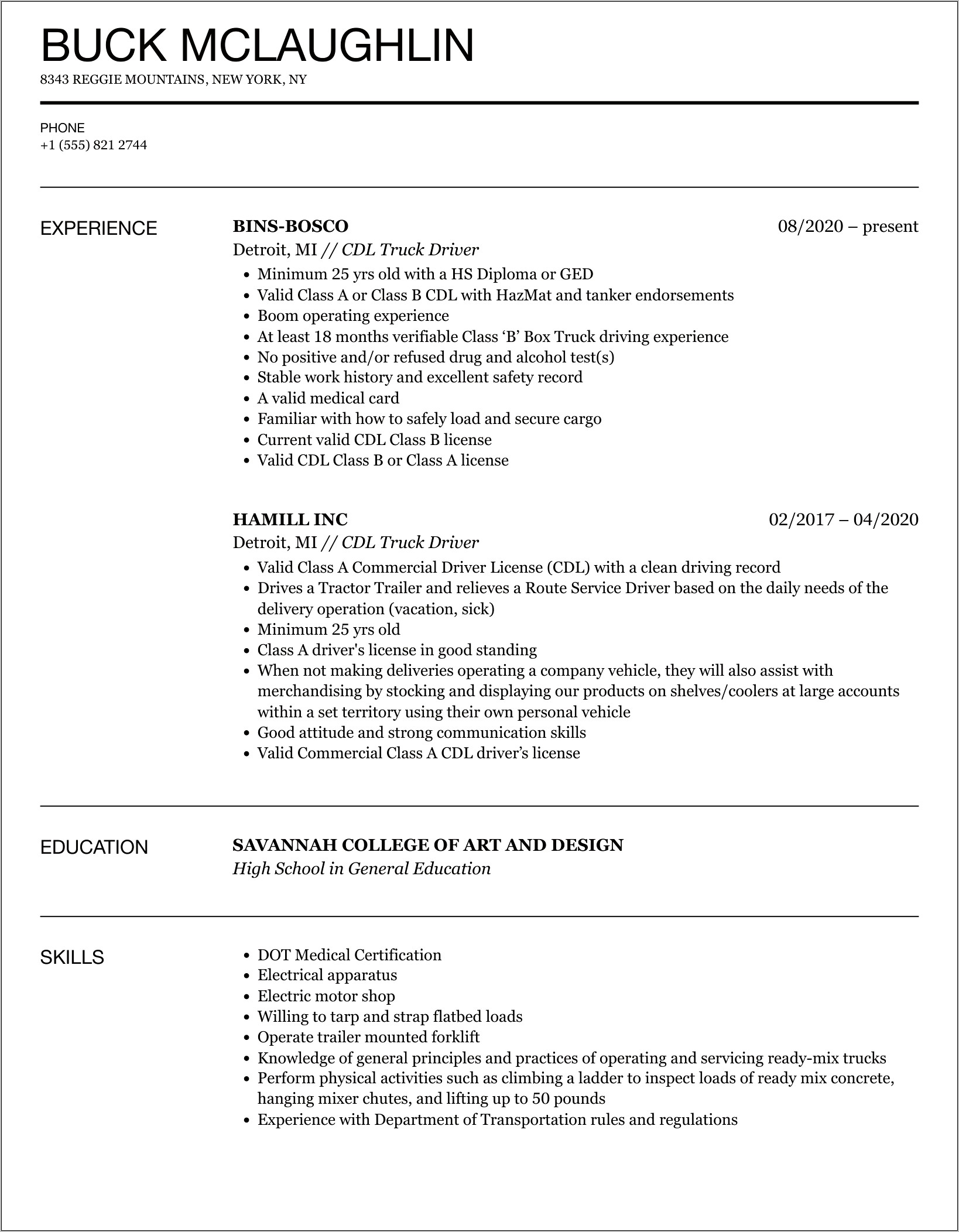 Class 4 Driver Resume Sample