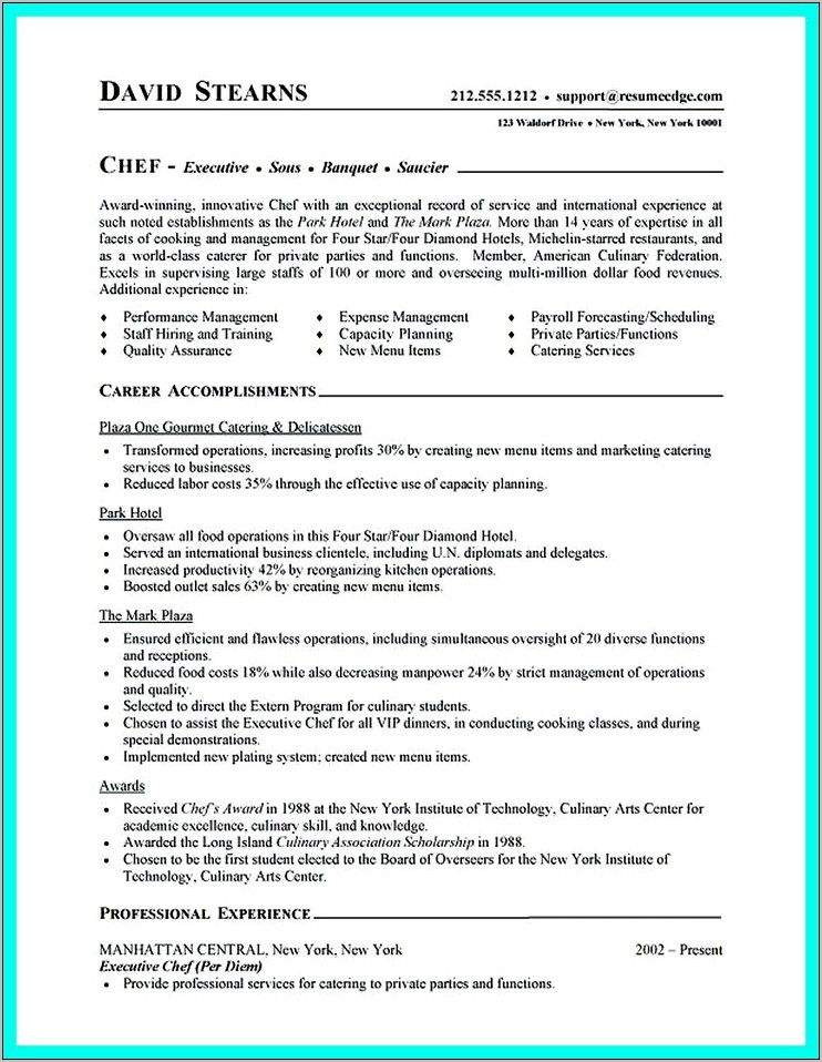 Compuer Skills Head Chef Resume