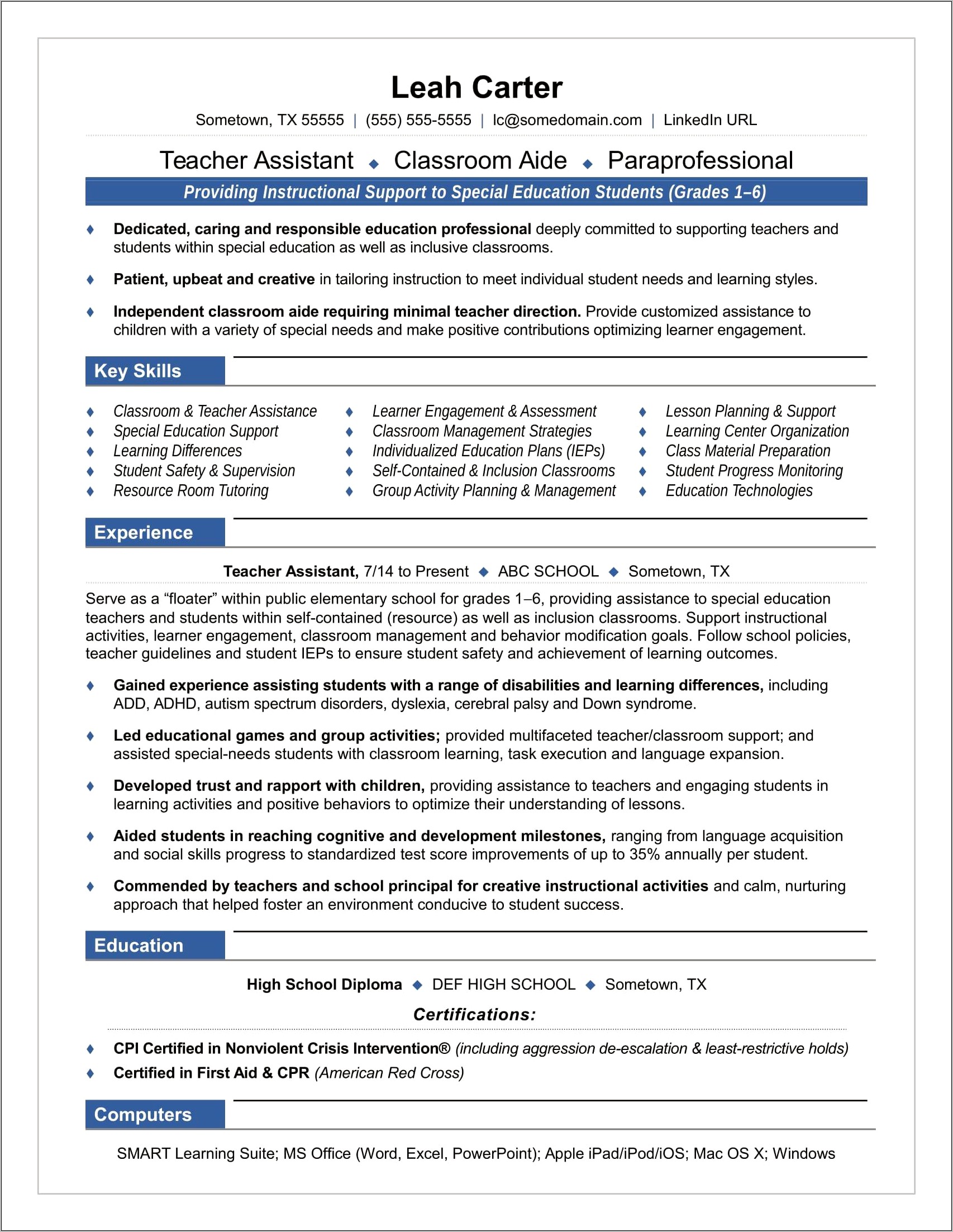 Computer Lab Aide Resume Sample