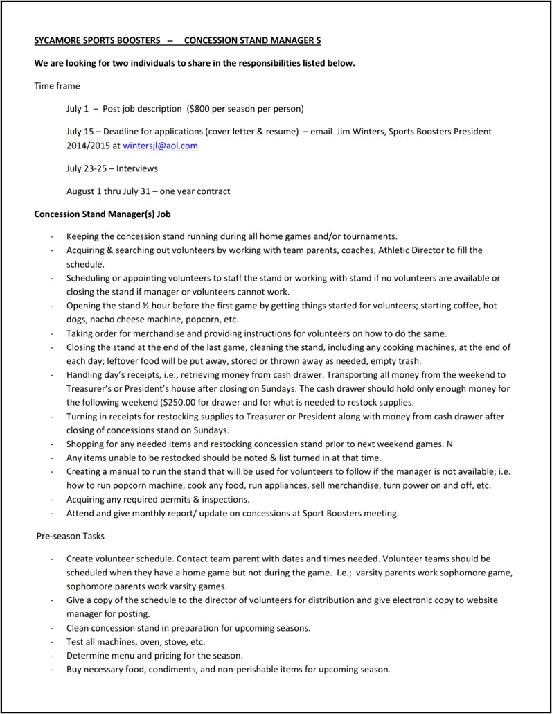 Concession Supervisor Job Description Resume