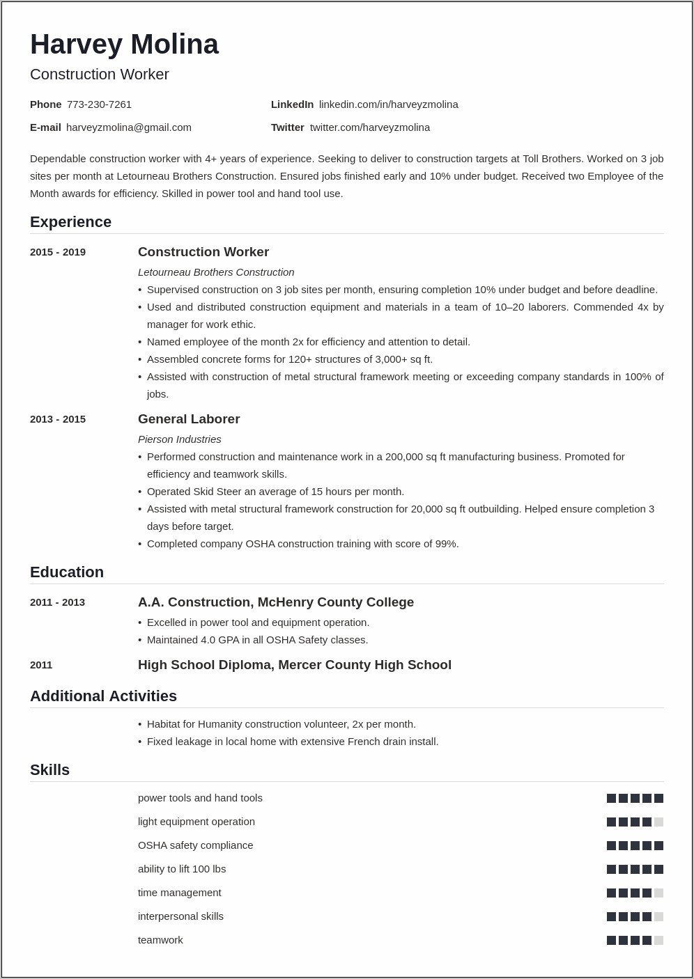 Construction Worker Jobs On Resume