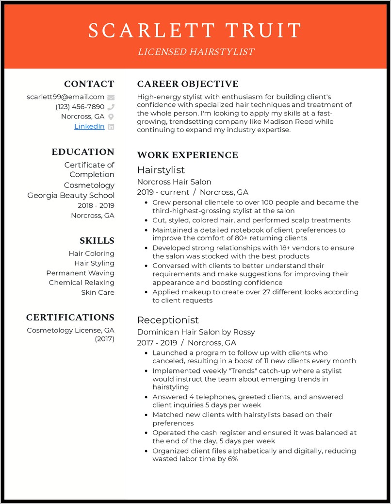 Cosmetologist Key Job Accomplishments Resume