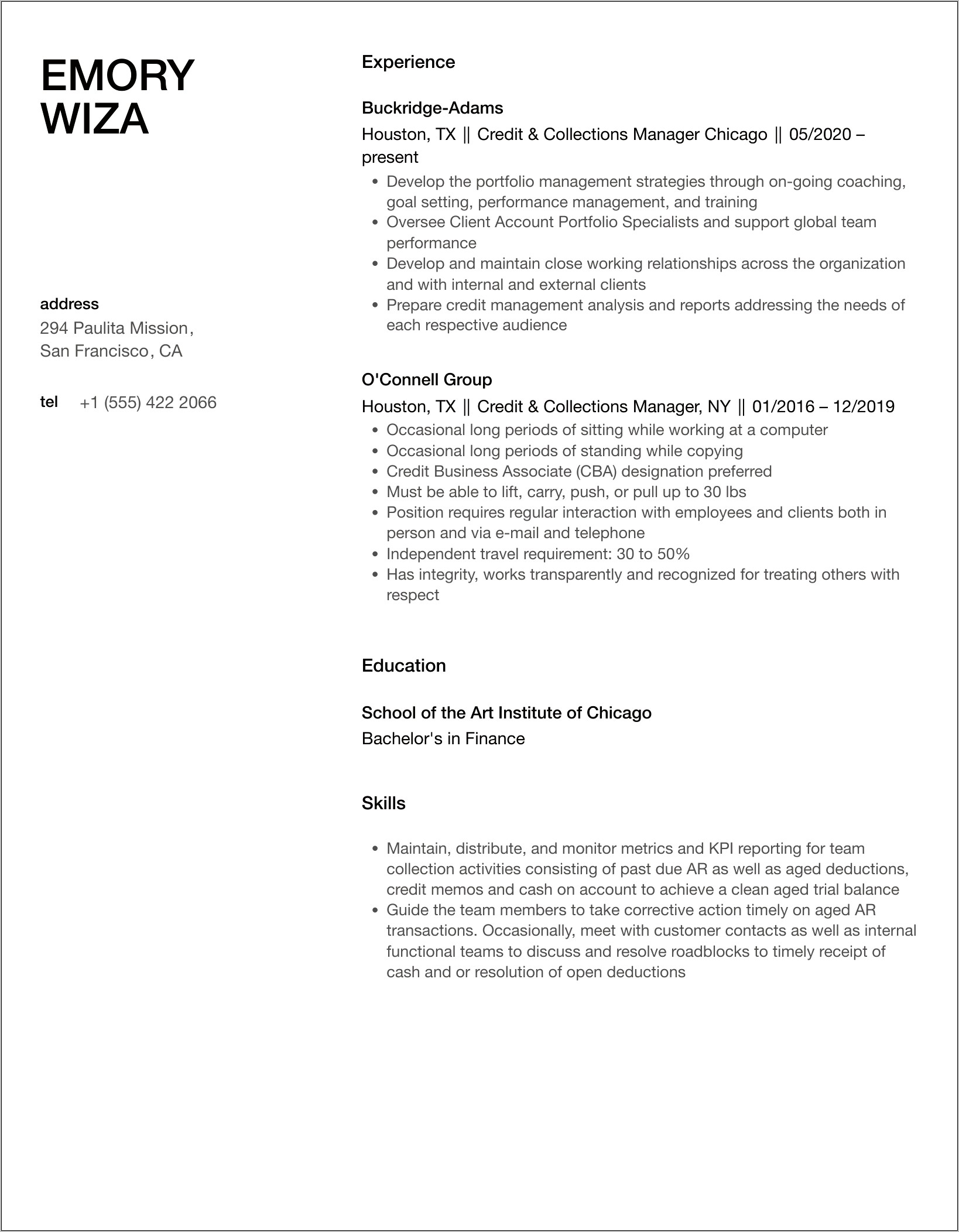 Debt Collection Manager Resume Sample