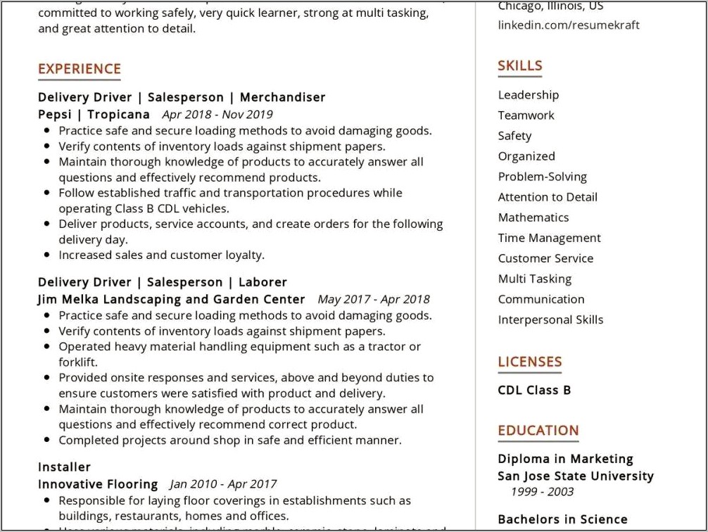 Driving Job Application Resume Demo