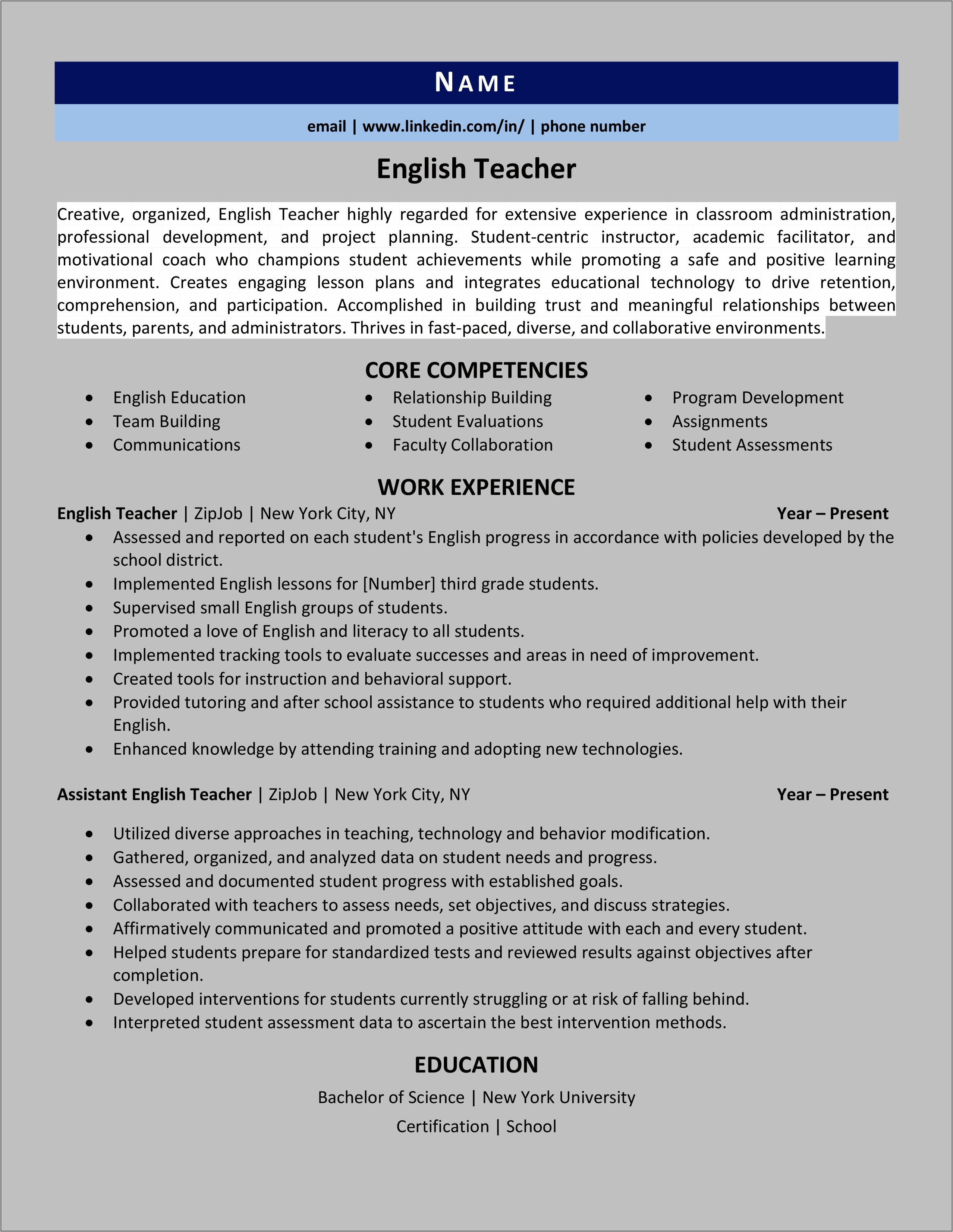 English Teacher Resume Examples 2018