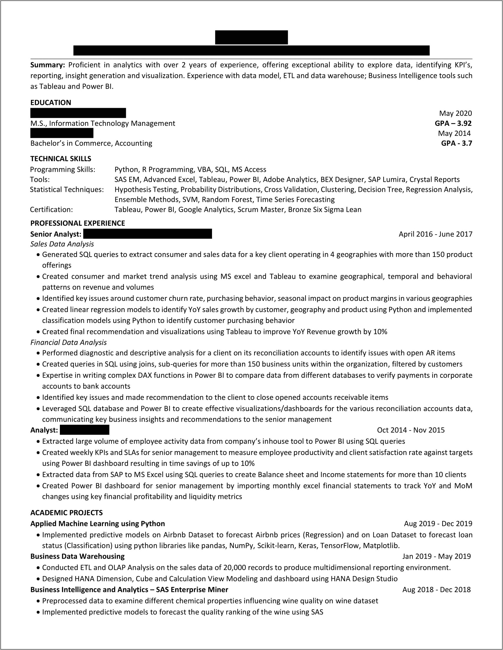 Entry Business Analyst Resume Example