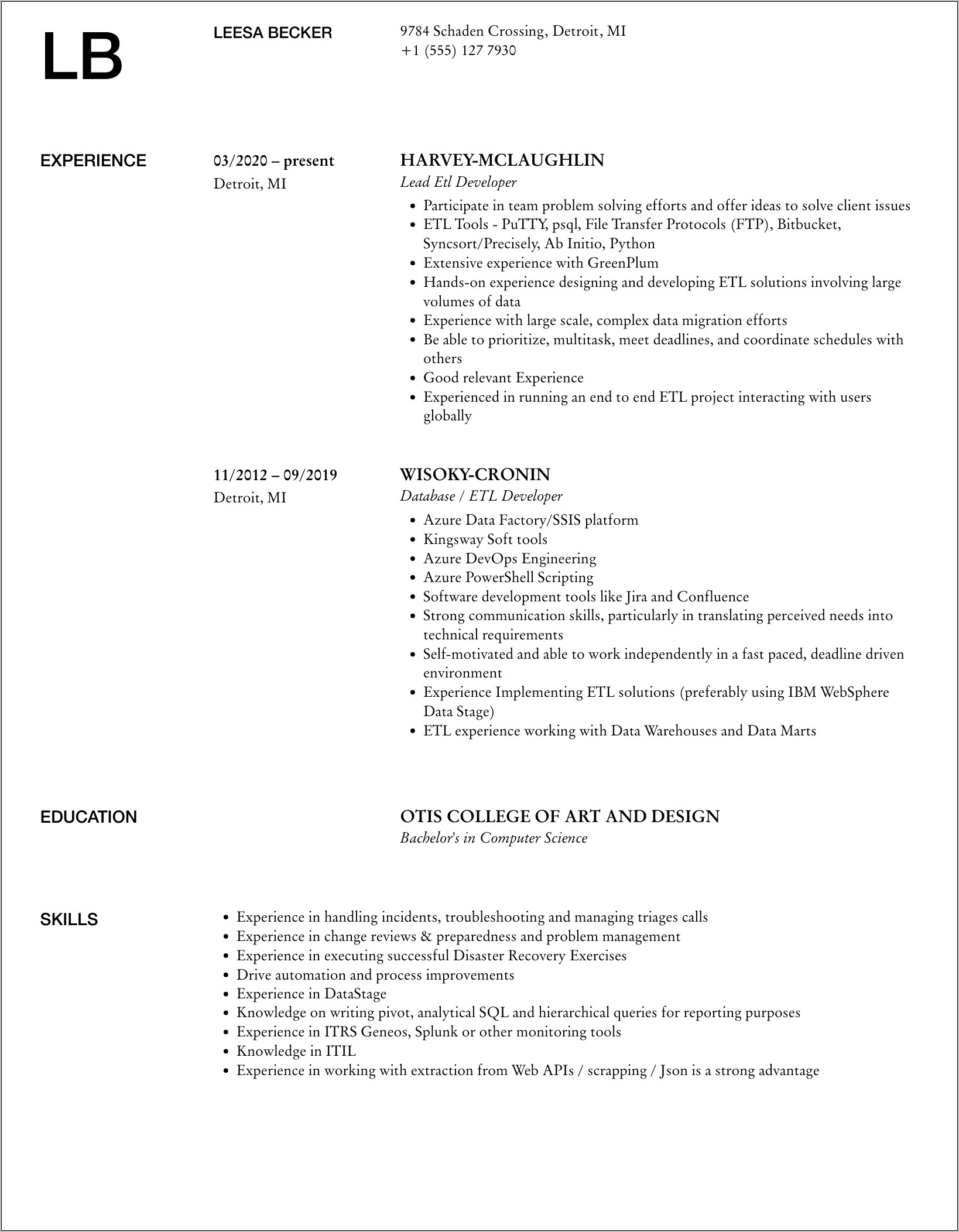 Epic Etl Developer Sample Resume