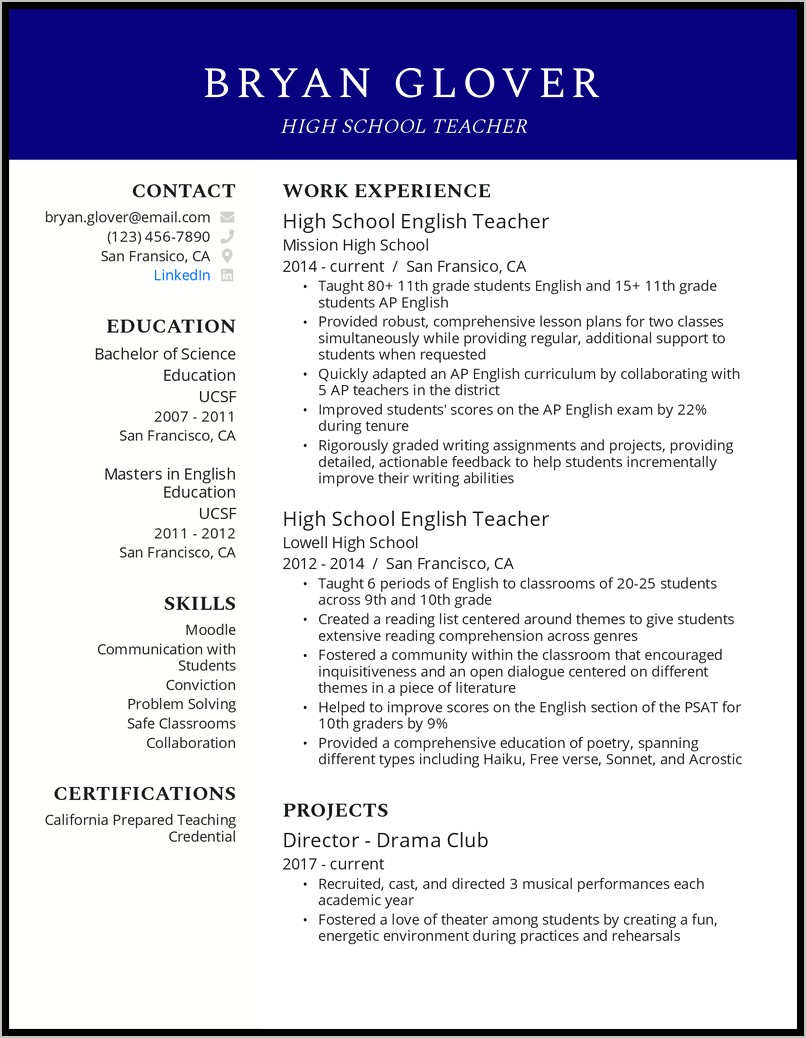 Example Of Potential Teacher Resume