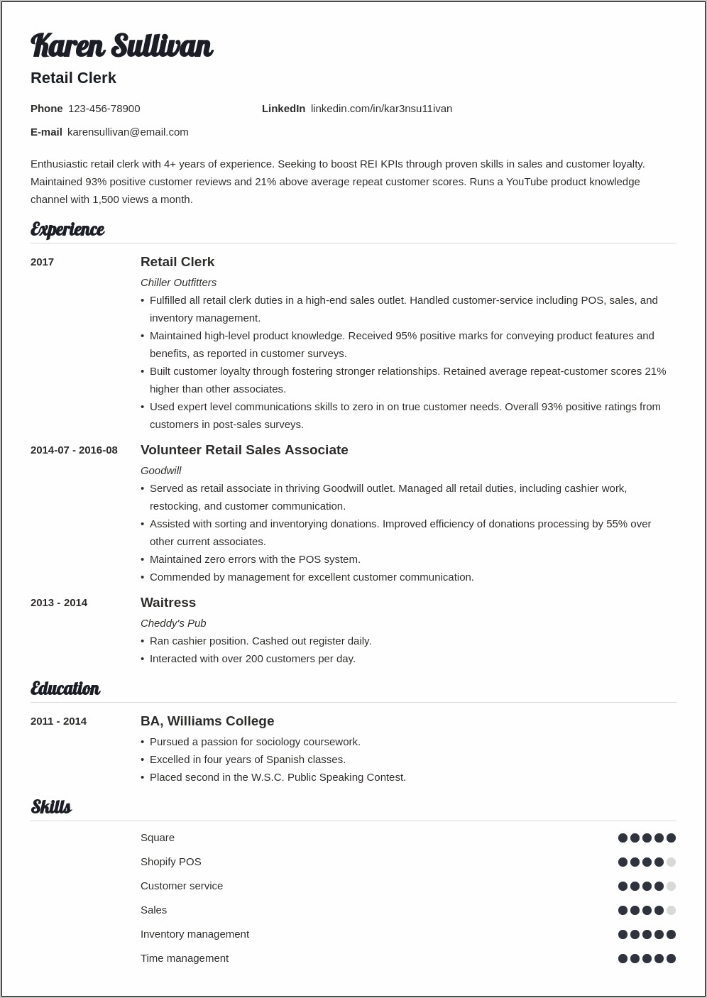 Example Of Reatil Summary Resume