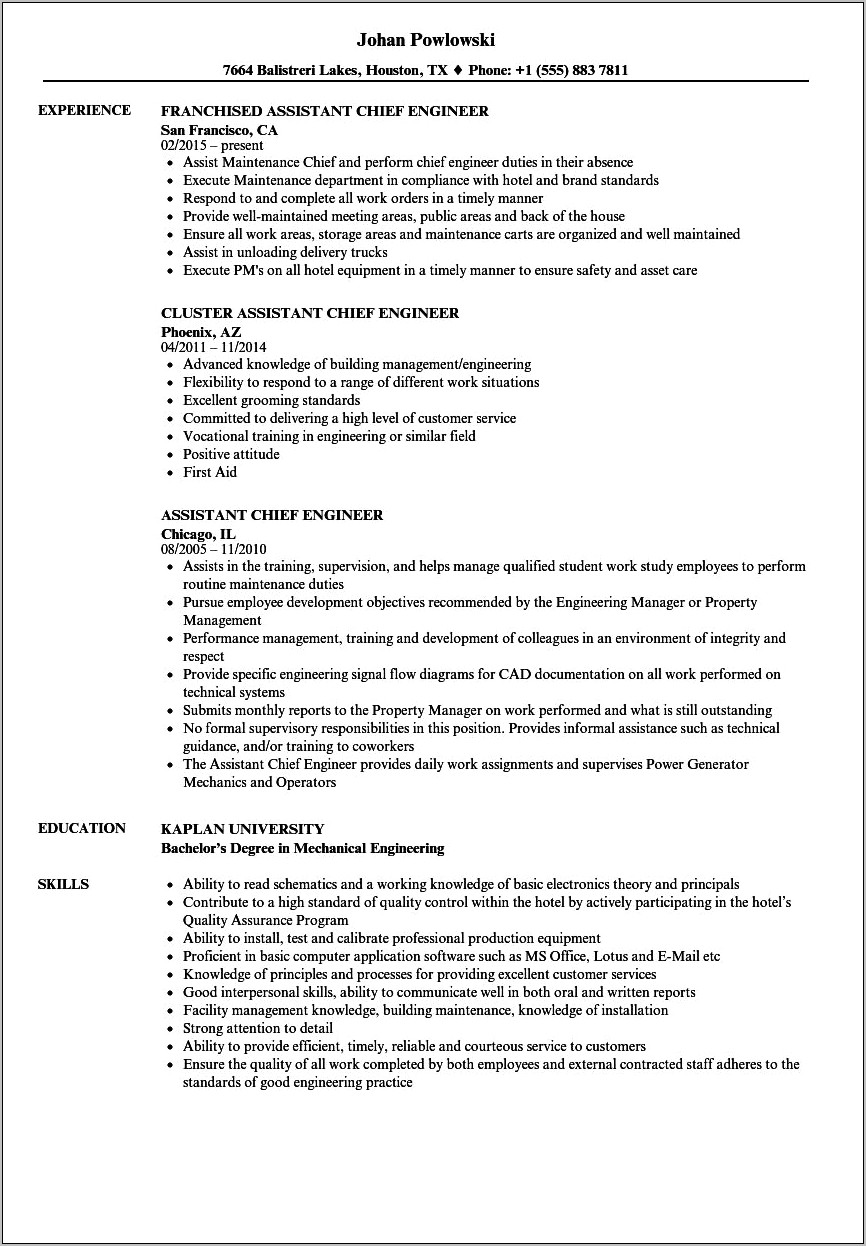 Example Resume For Chief Engineer