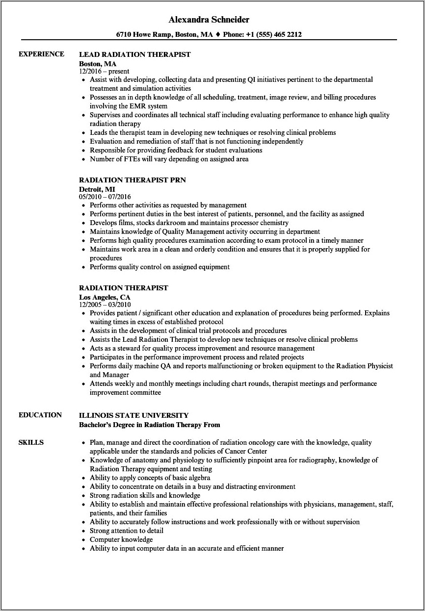 Example Resume For Radiation Therapist