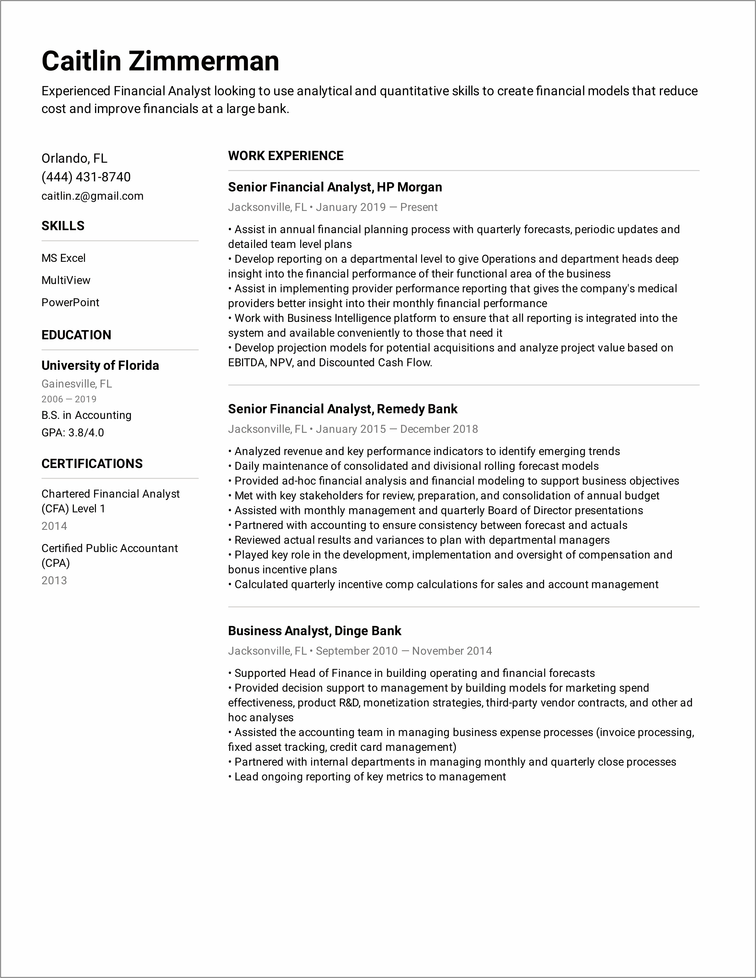 Examples Of Financial Analyst Resume