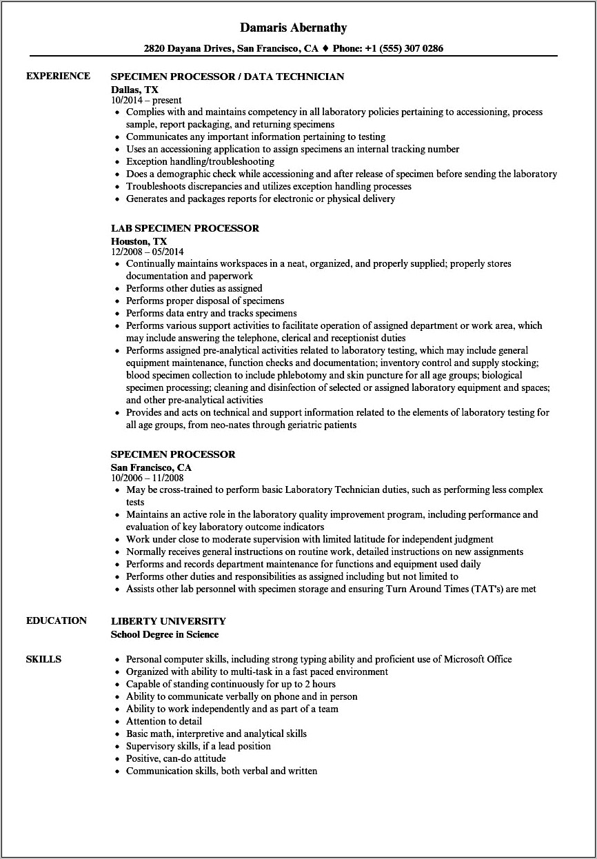 Examples Of Specimen Processor Resume