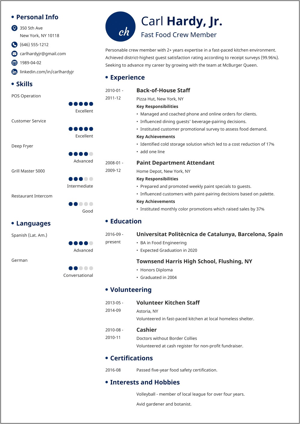 Fast Food Manager Resume Achievements