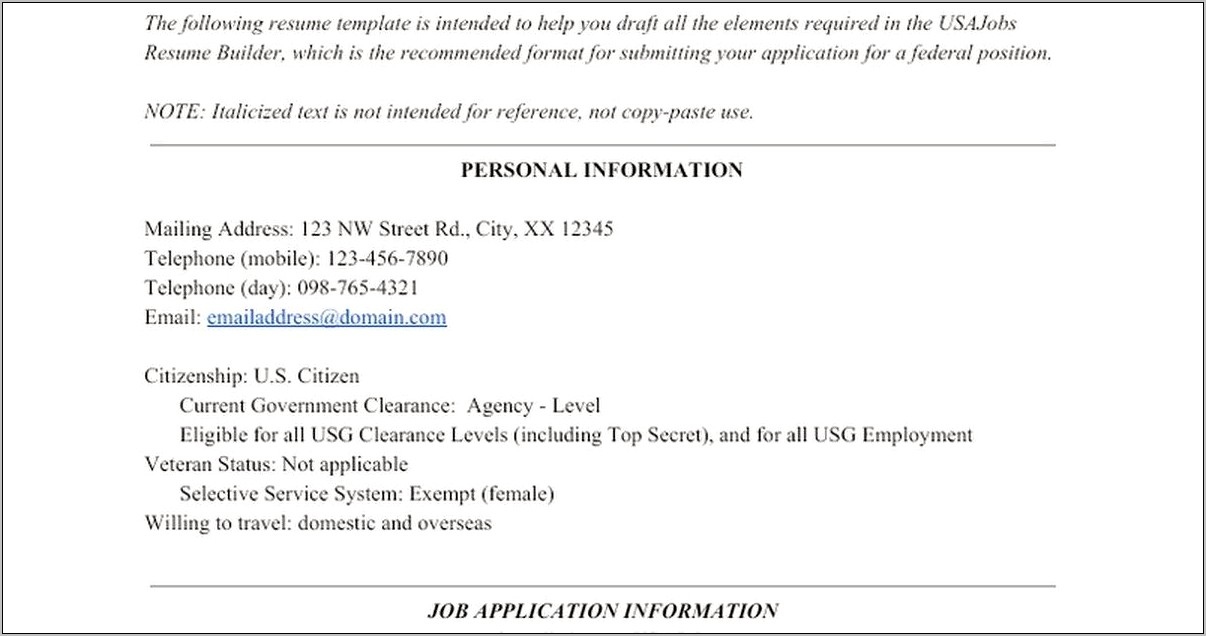 Federal Government Job Resume Template