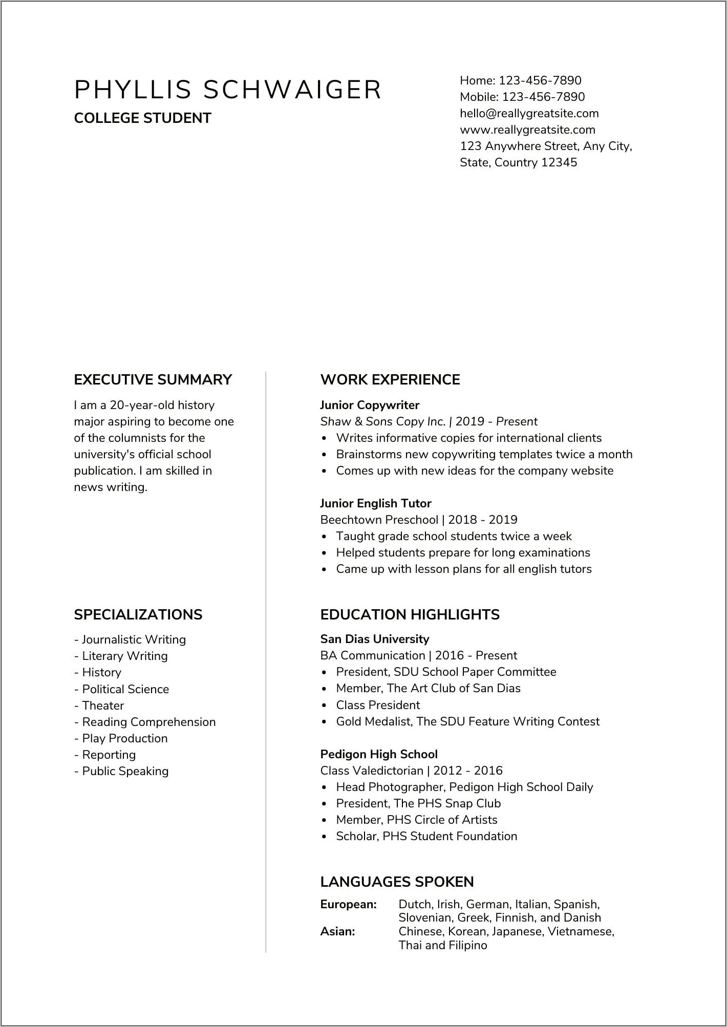 First Job After College Resume