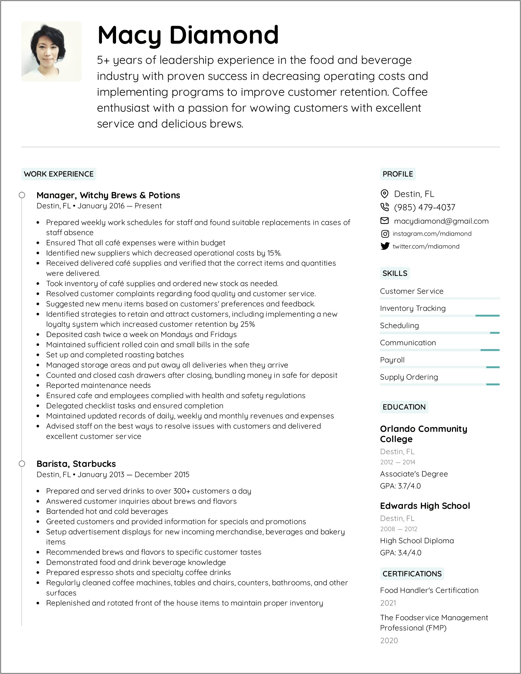 Food Service Manager Skills Resume