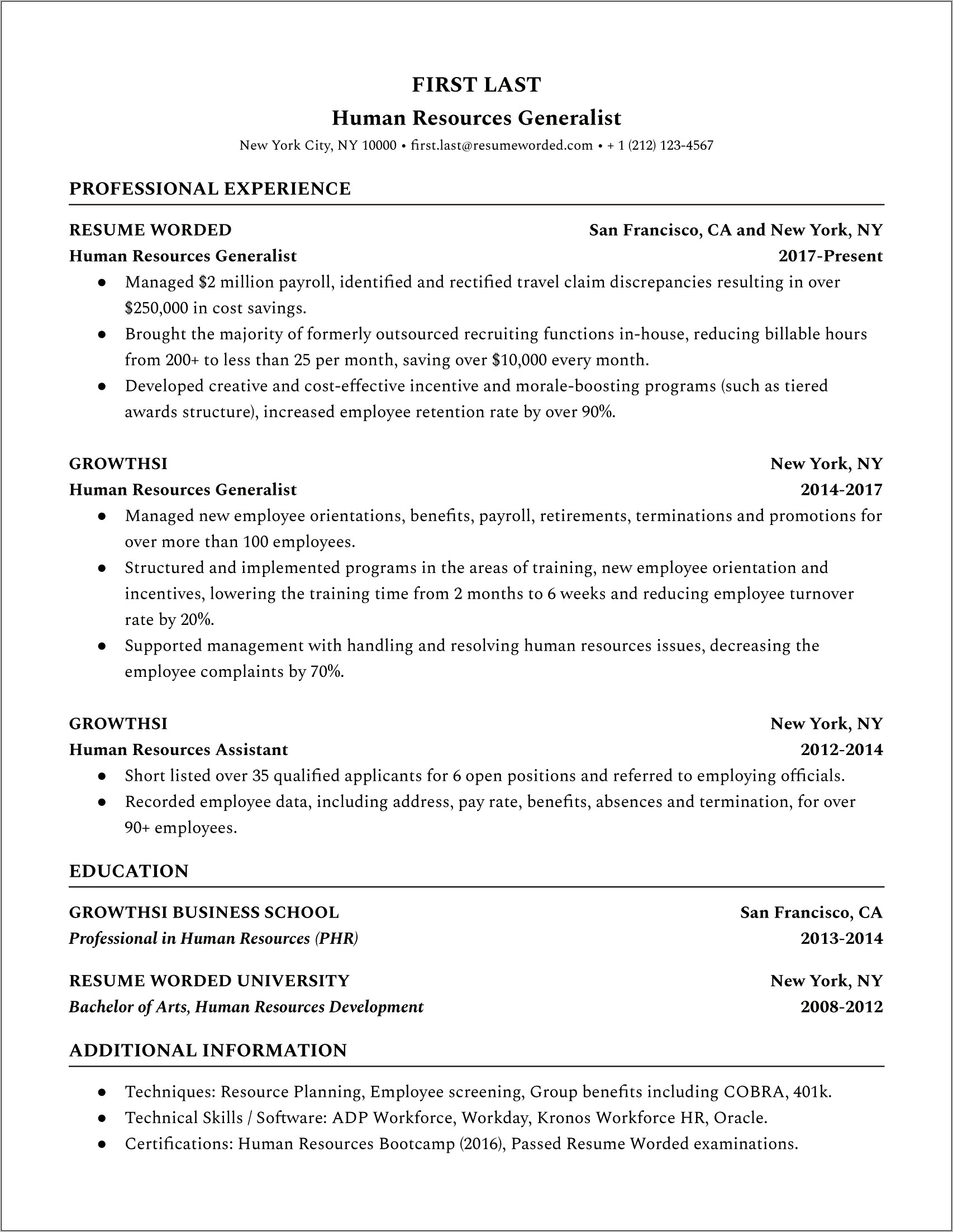 Free Hr Generalist Resume Samples