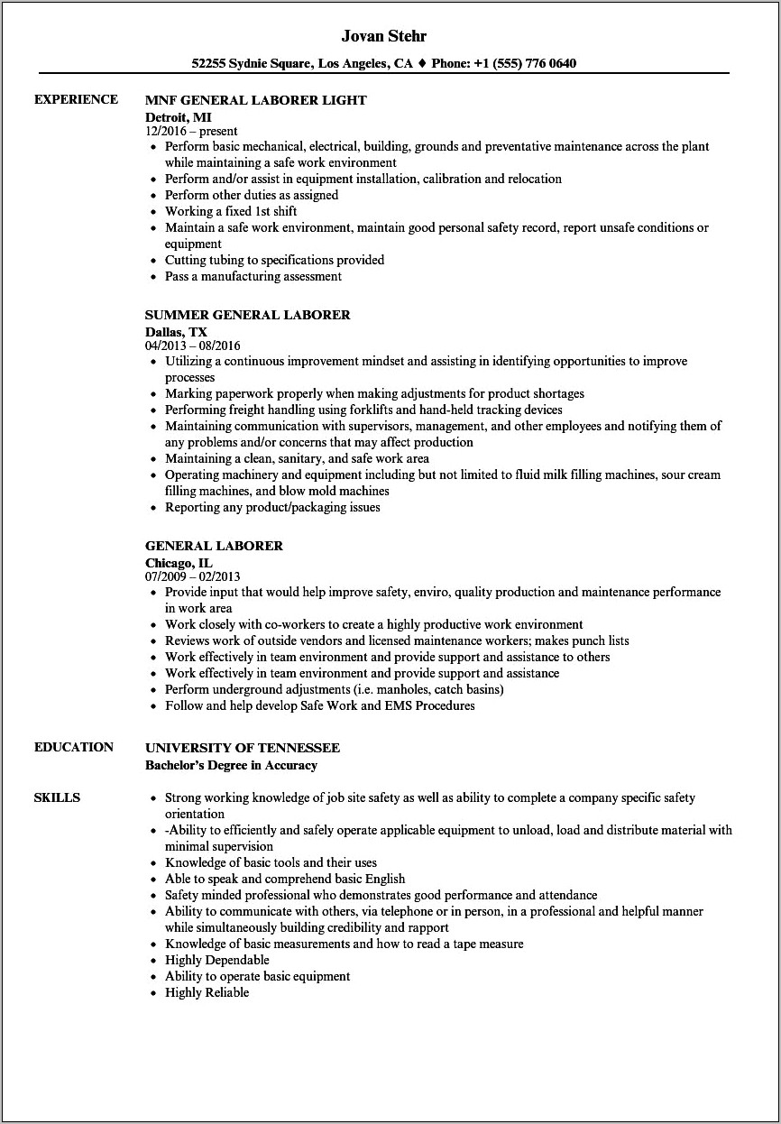 Free Resume Template For Laborer