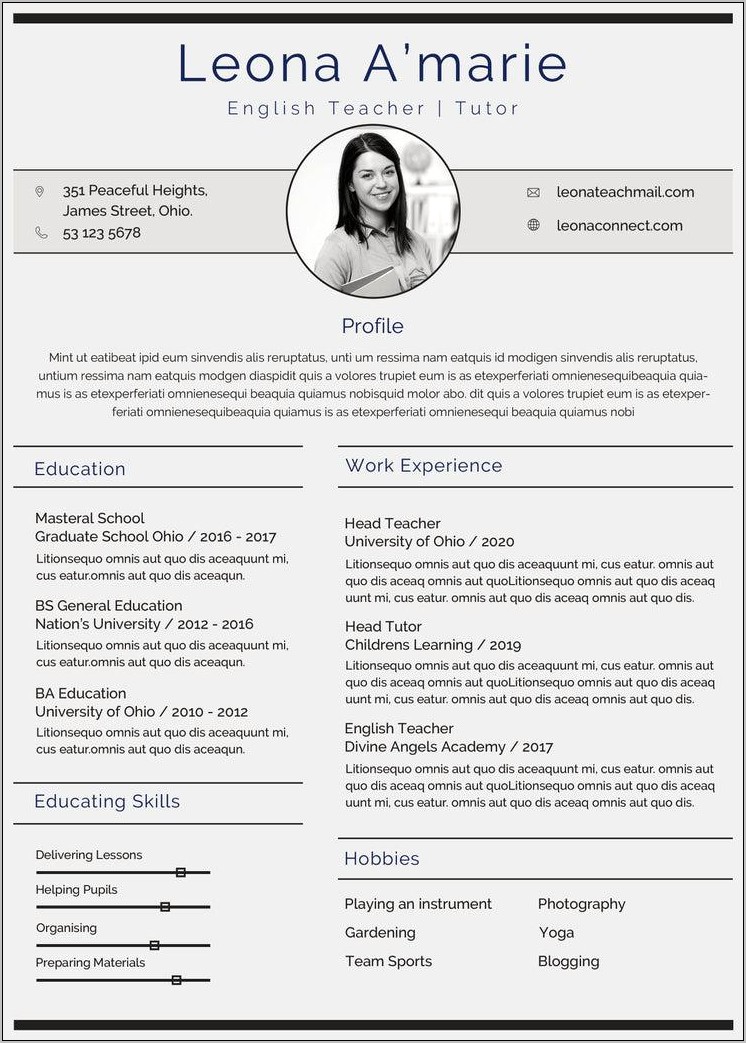 Free Teacher Resume Template 2018