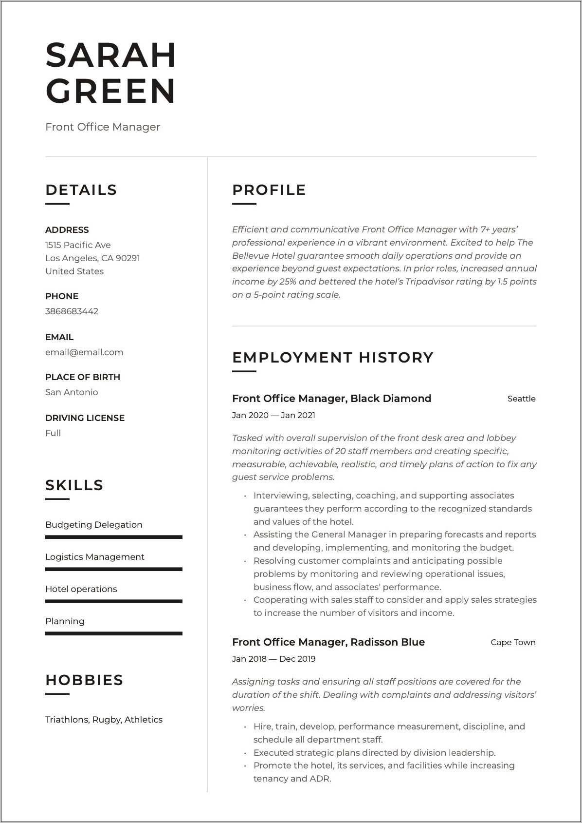 Front Desk Manager Hotel Resume