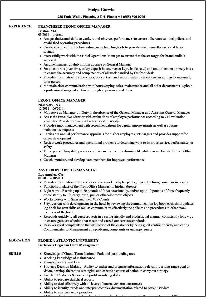 Front Office Manager Resume Hotel