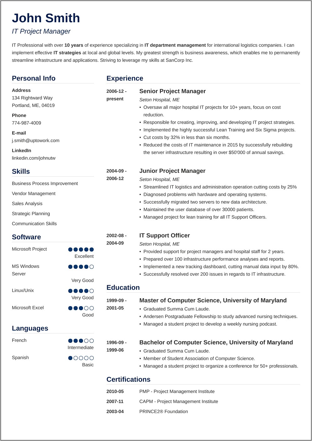 Functional Resume Construction Project Manager