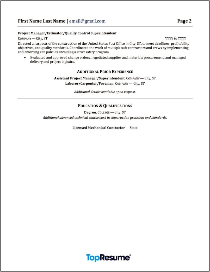 General Contracting Resume Exeperience Example