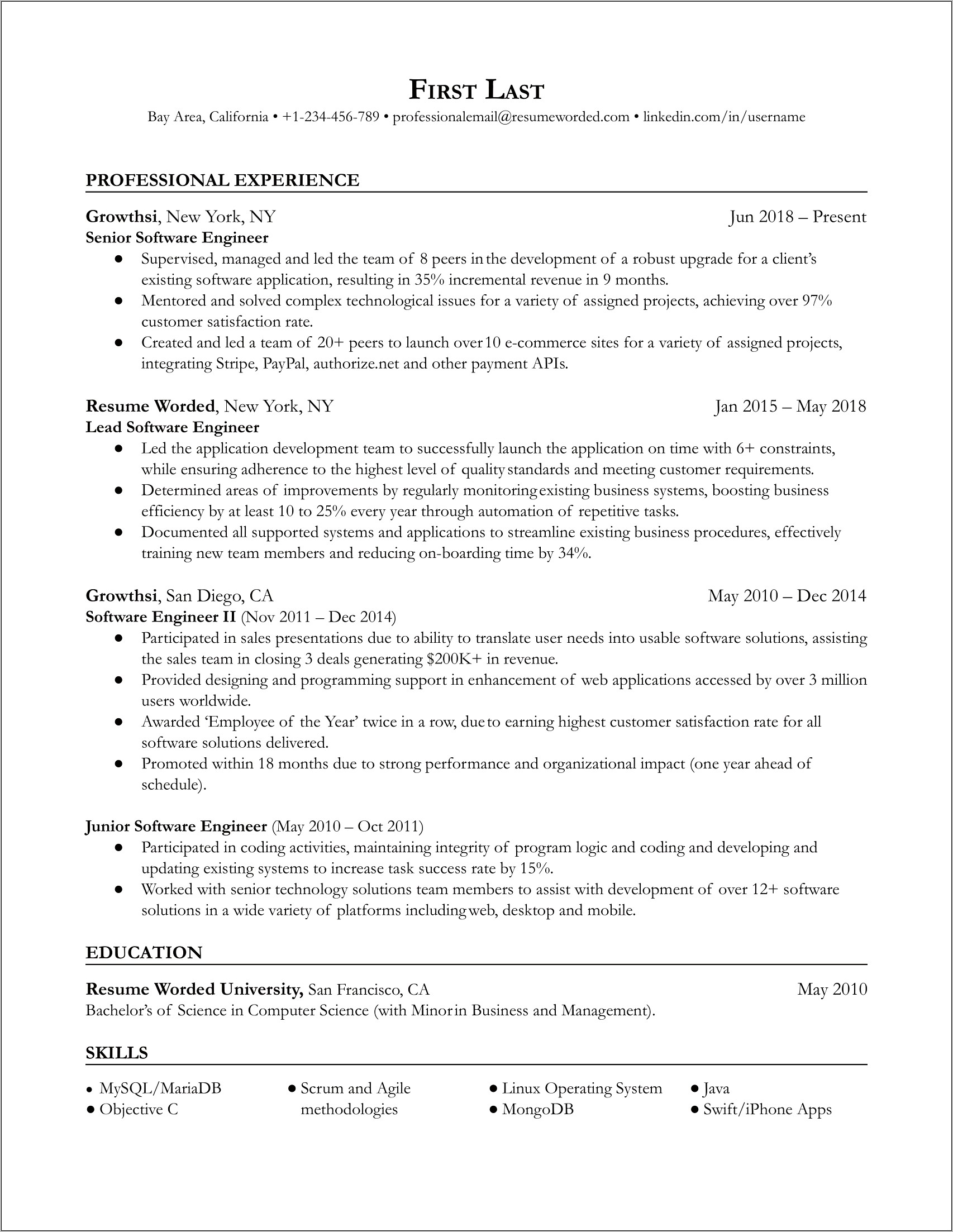 Great Example Resume Software Engineer