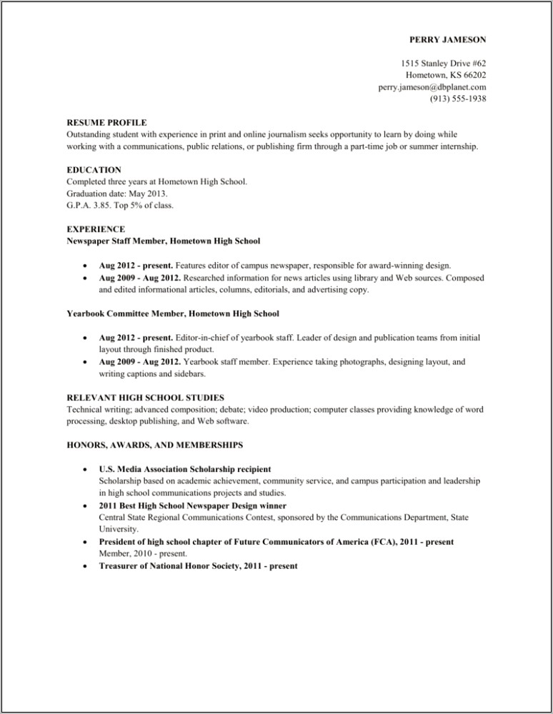 High School Kid Sample Resume