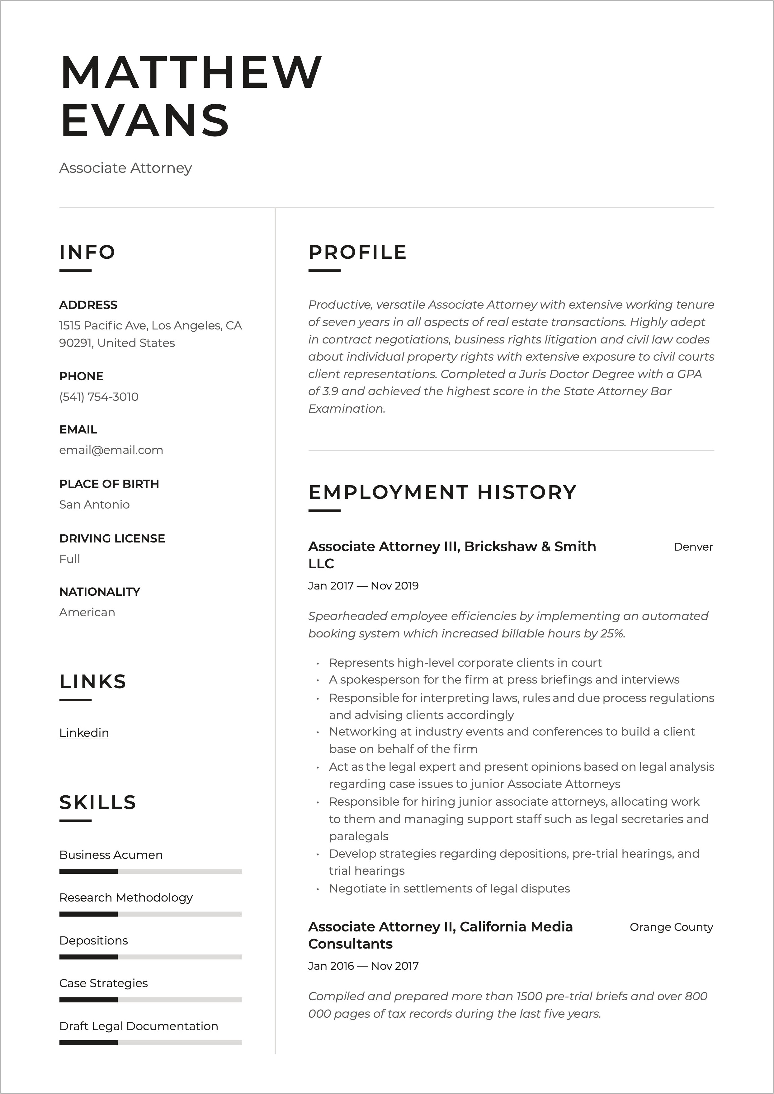 Highly Skilled Transactional Attorney Resume