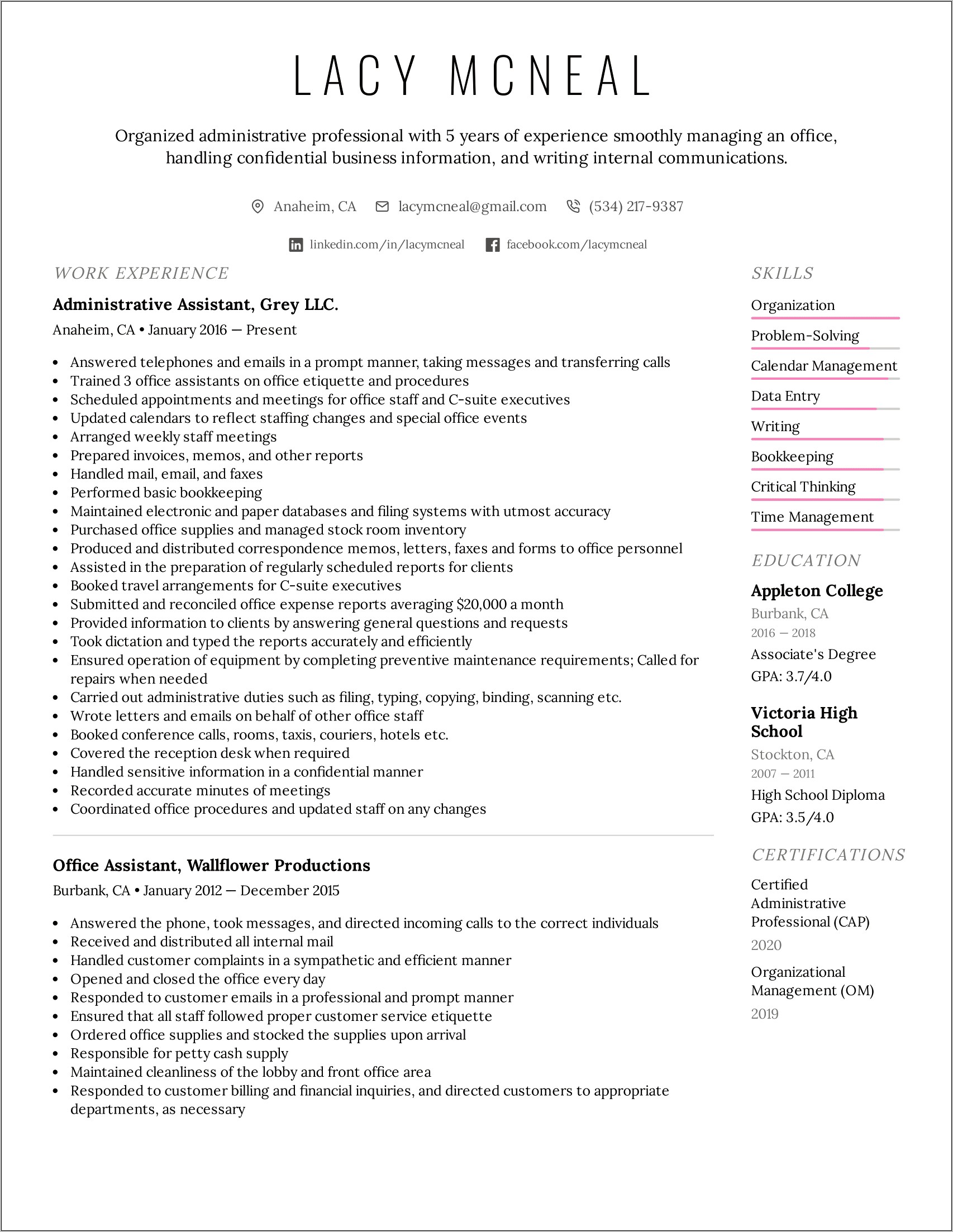 Hospital Administrative Assistant Resume Sample