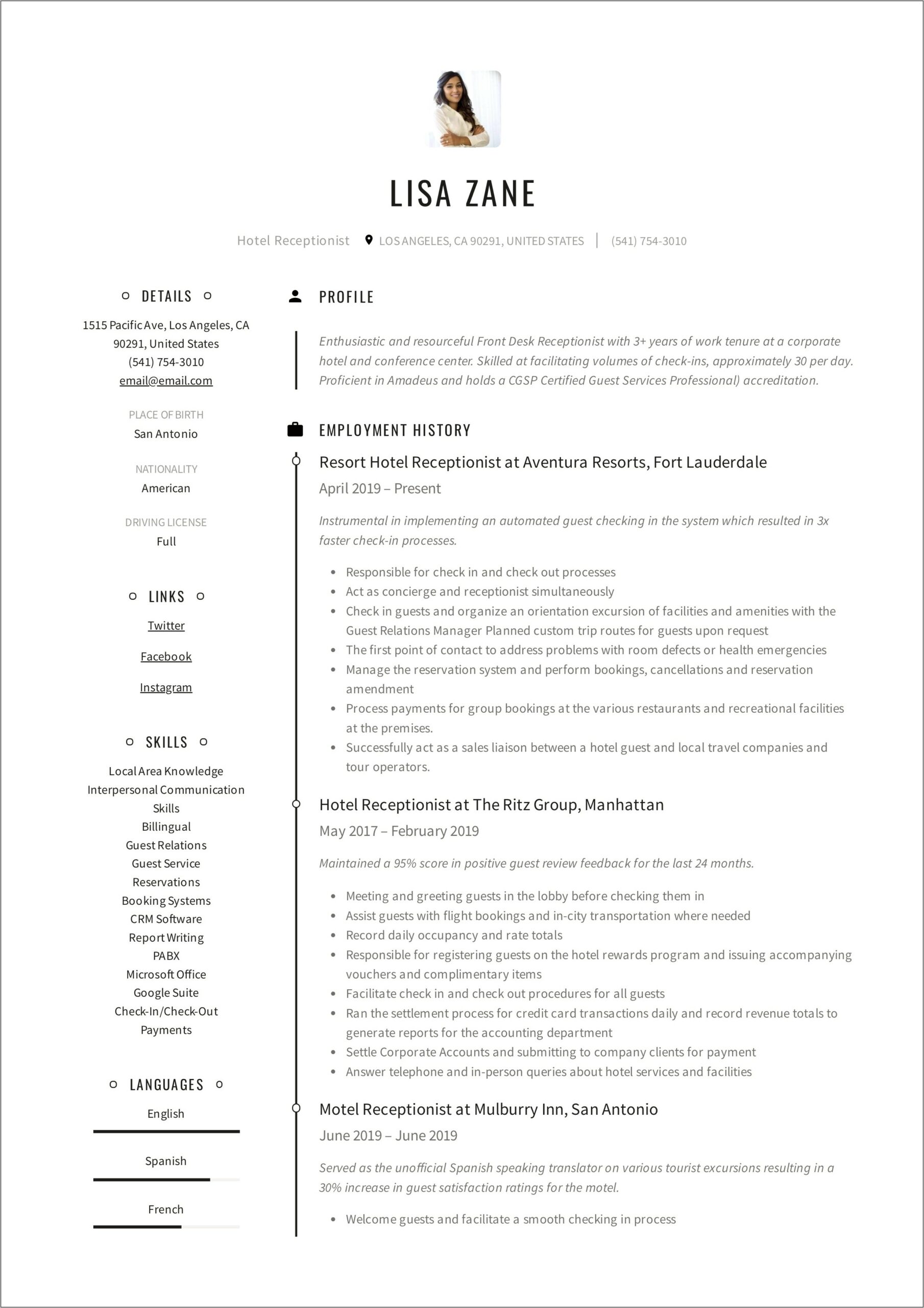 Hotel Clerk Job Description Resume