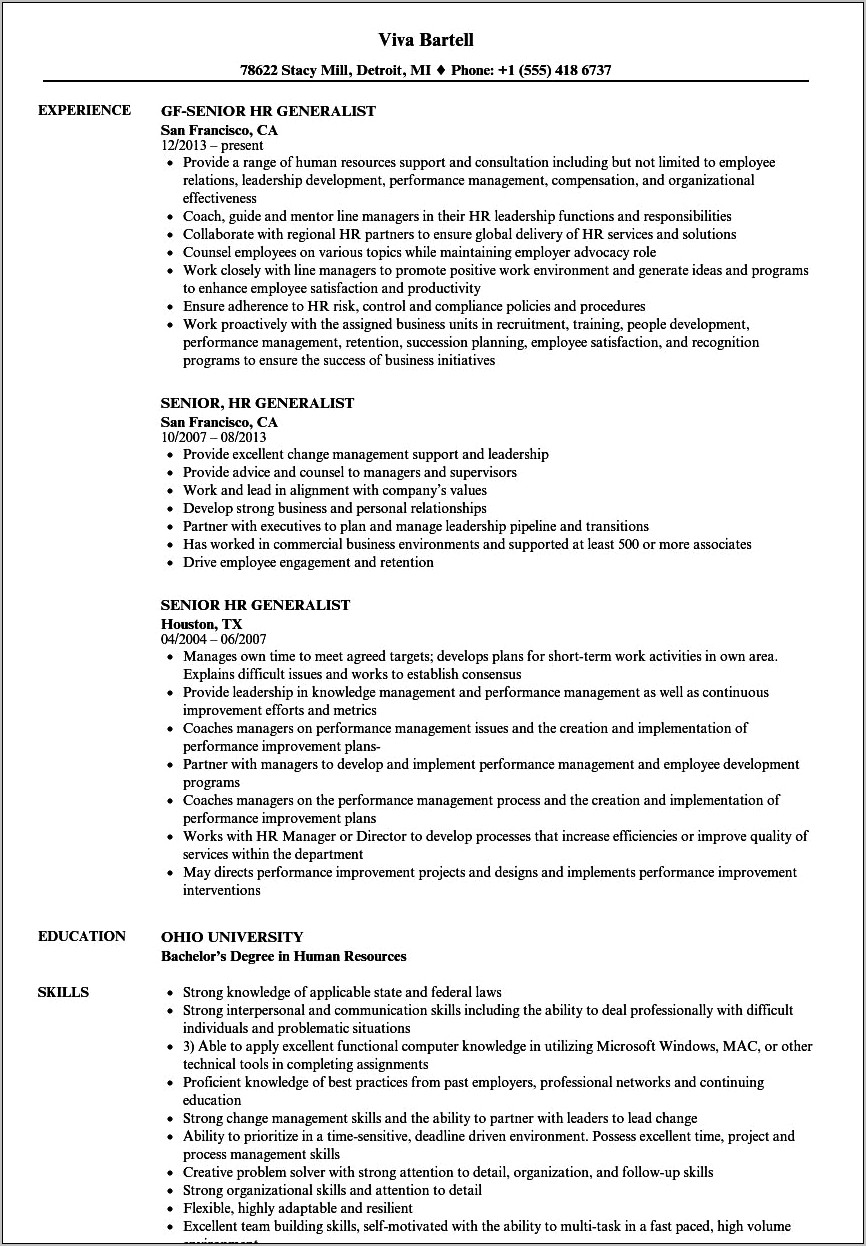 Hr Generalist Resume Objective Statements