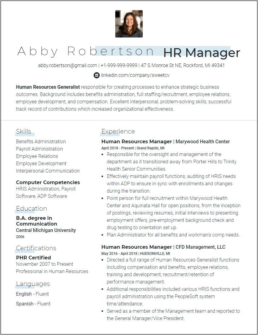 Hr Generalist Resume Sample Download