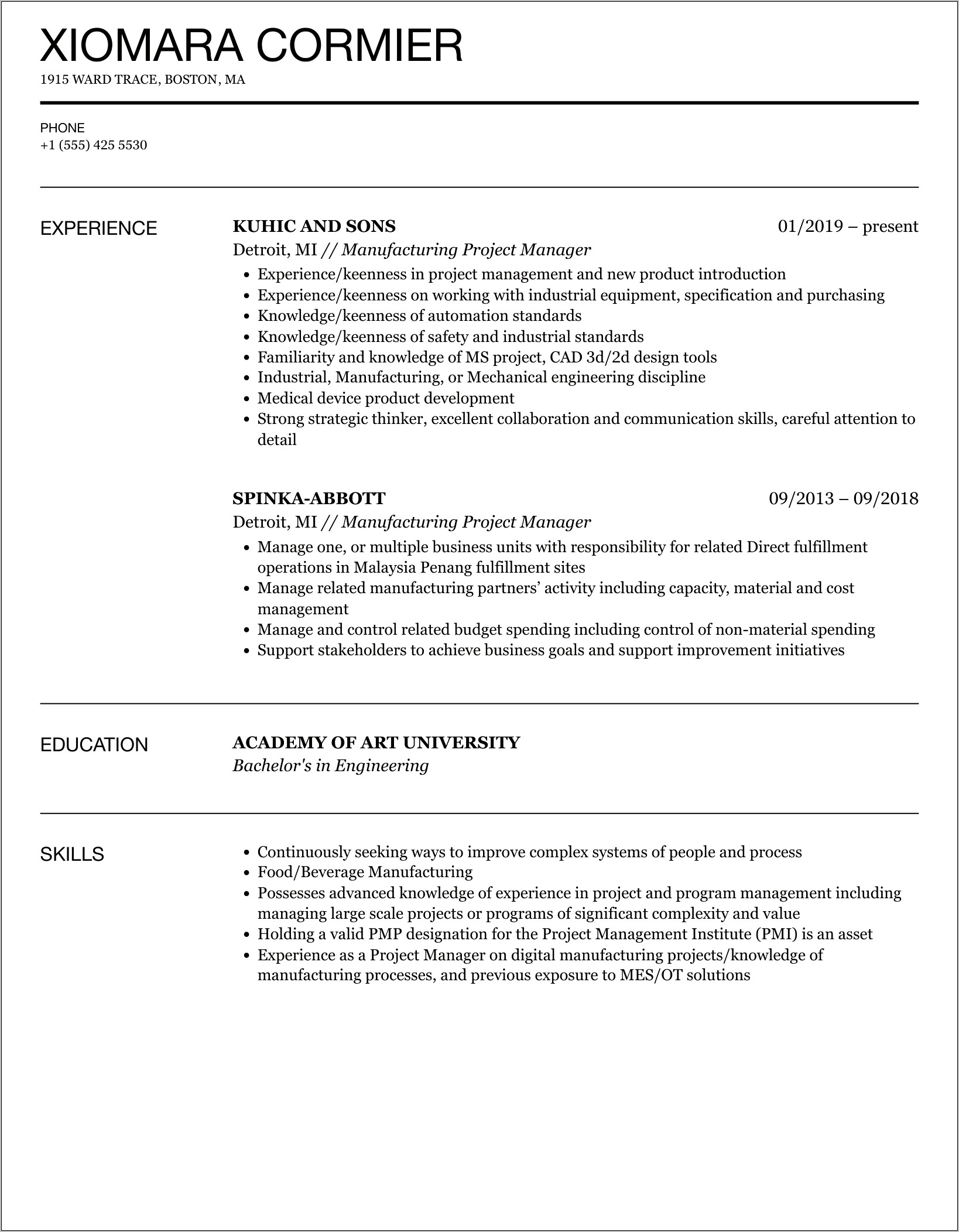 Industrial Project Management In Resume