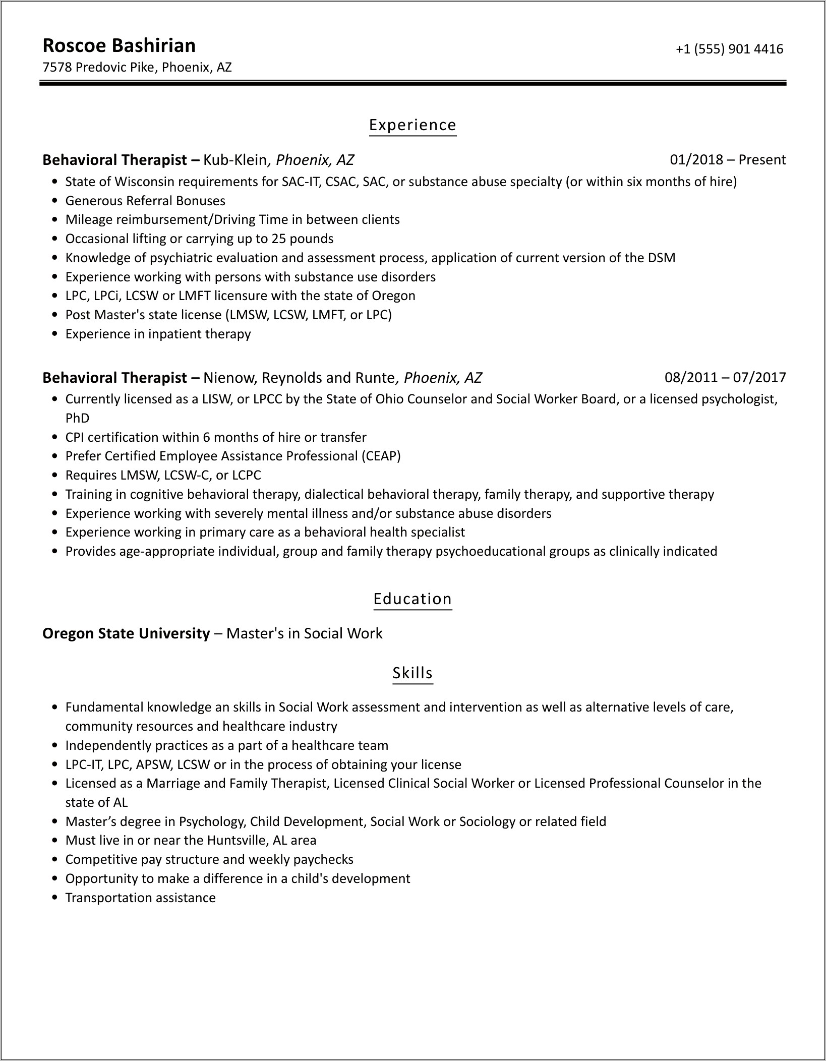 Leadership Skills Resume Behavior Therapist