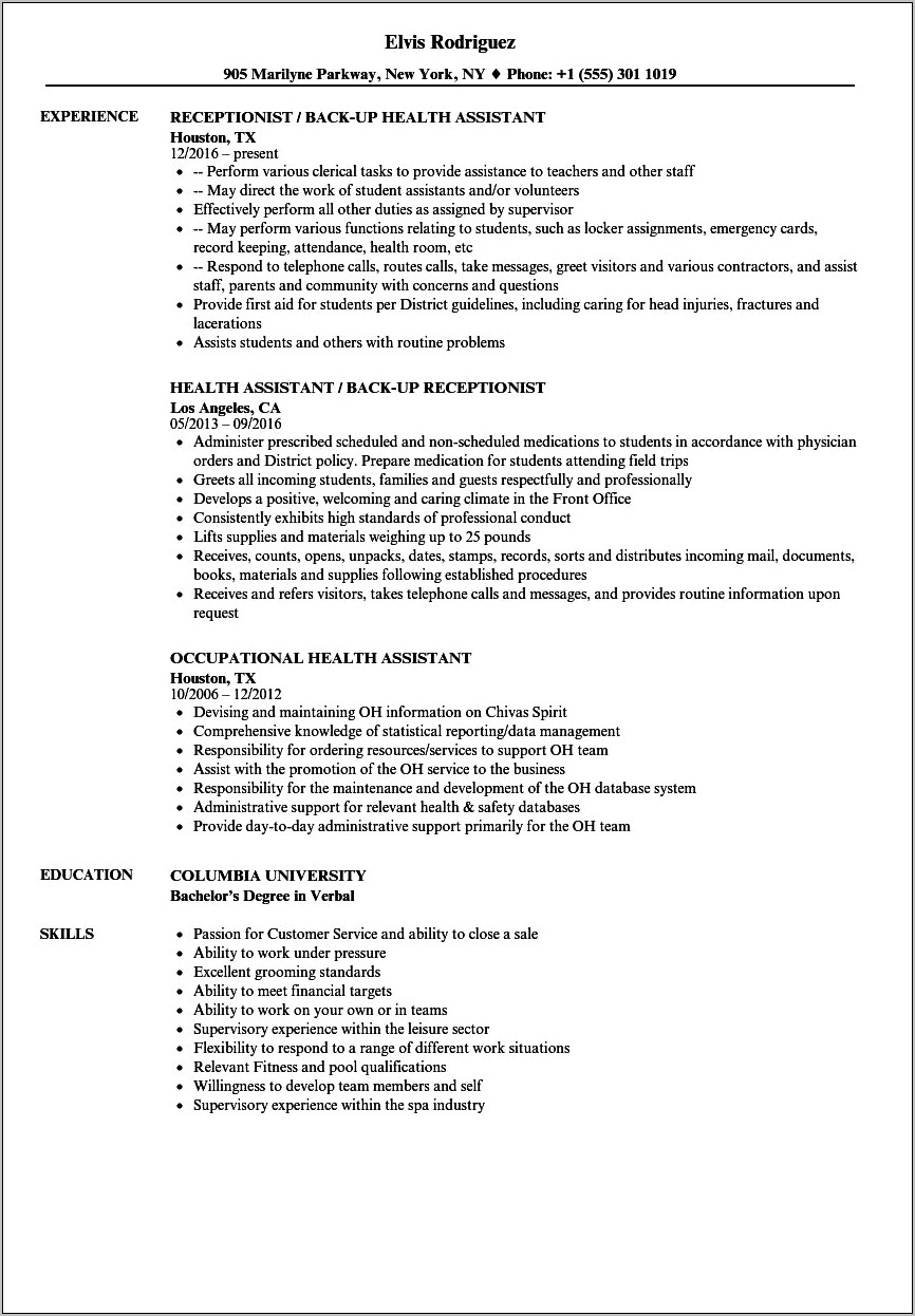 Leisure Assistant Job Description Resume