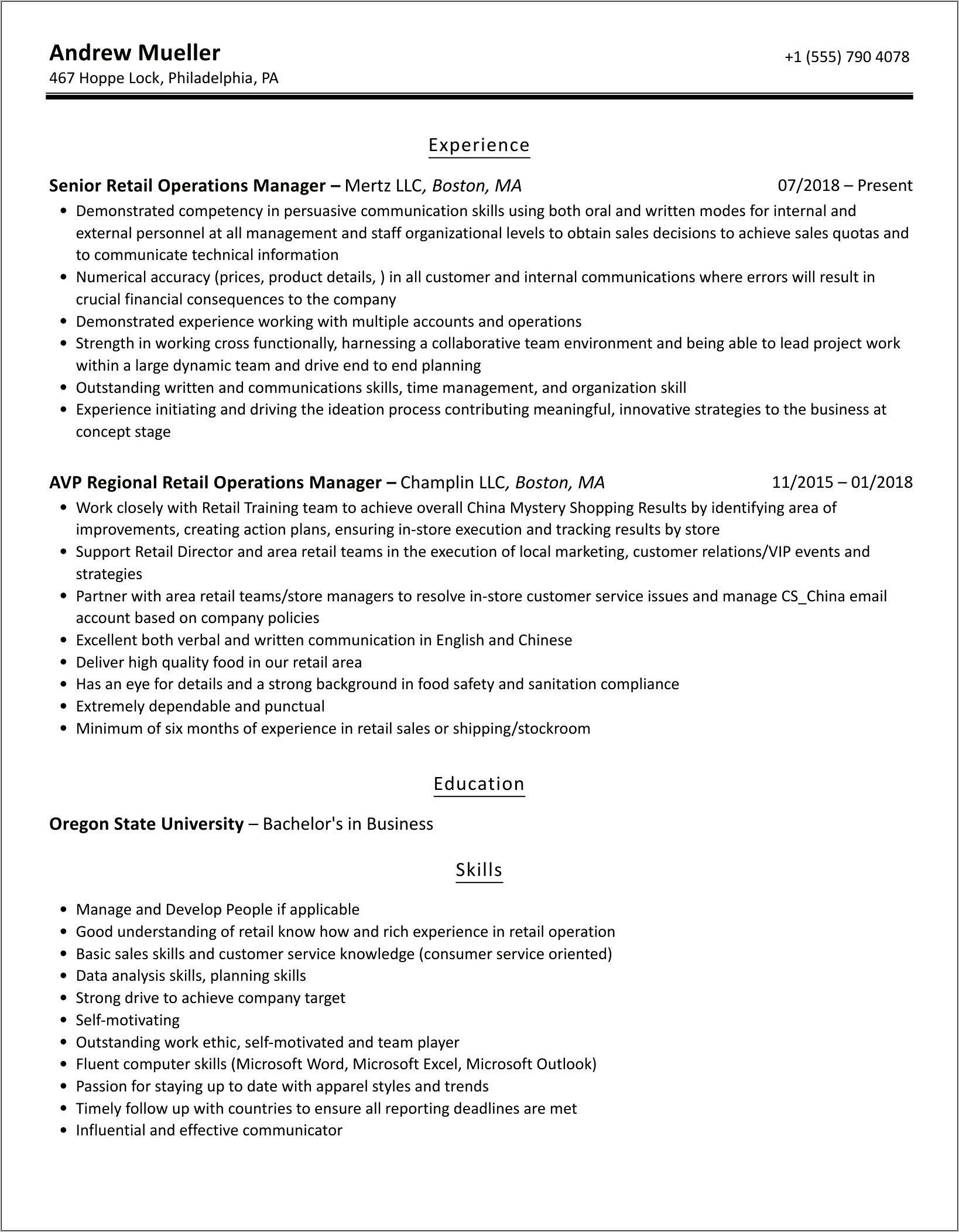 Luxuy Store Operations Job Resume