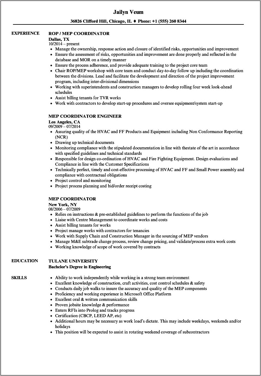 Mep Project Manager Resume Pdf