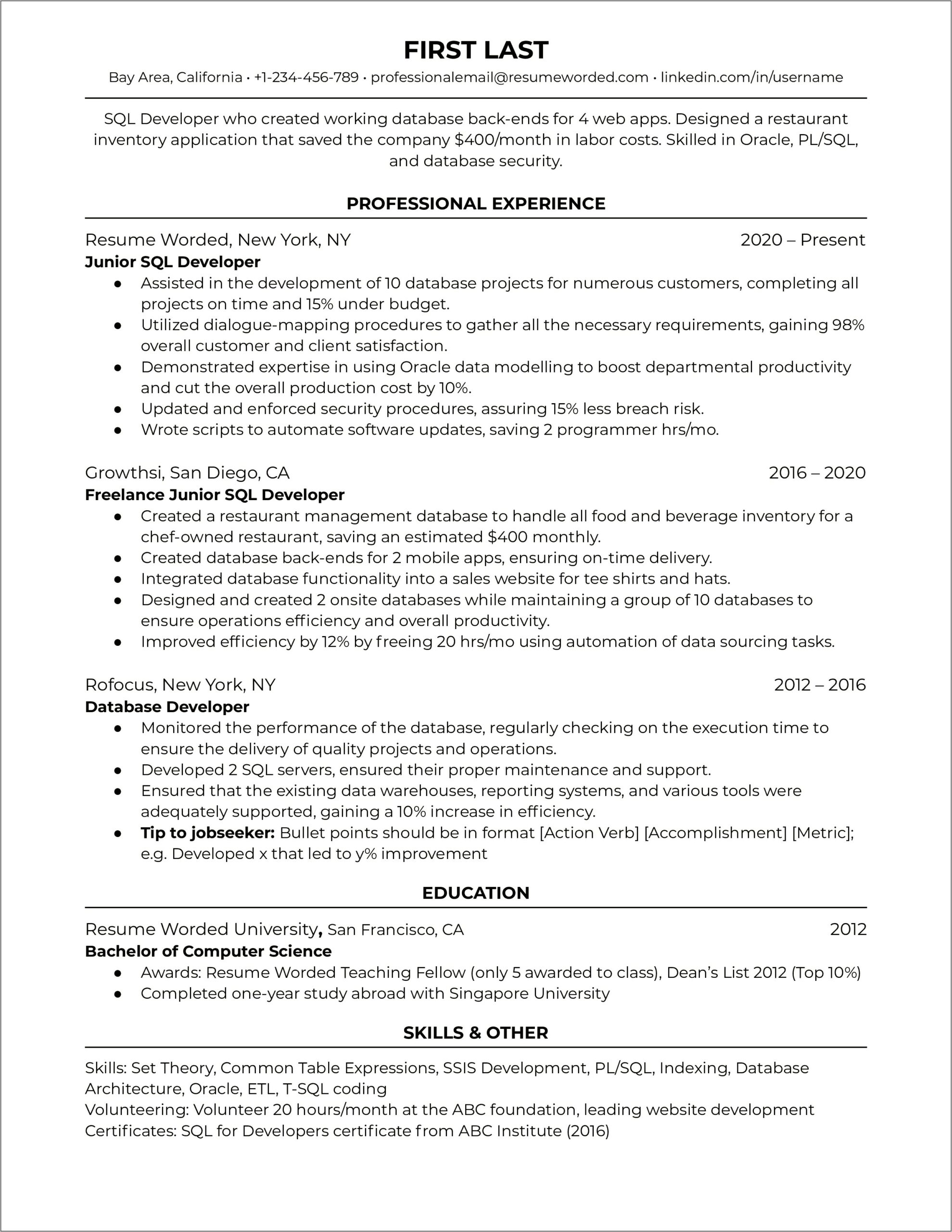 Microsoft Sql Skills For Resume