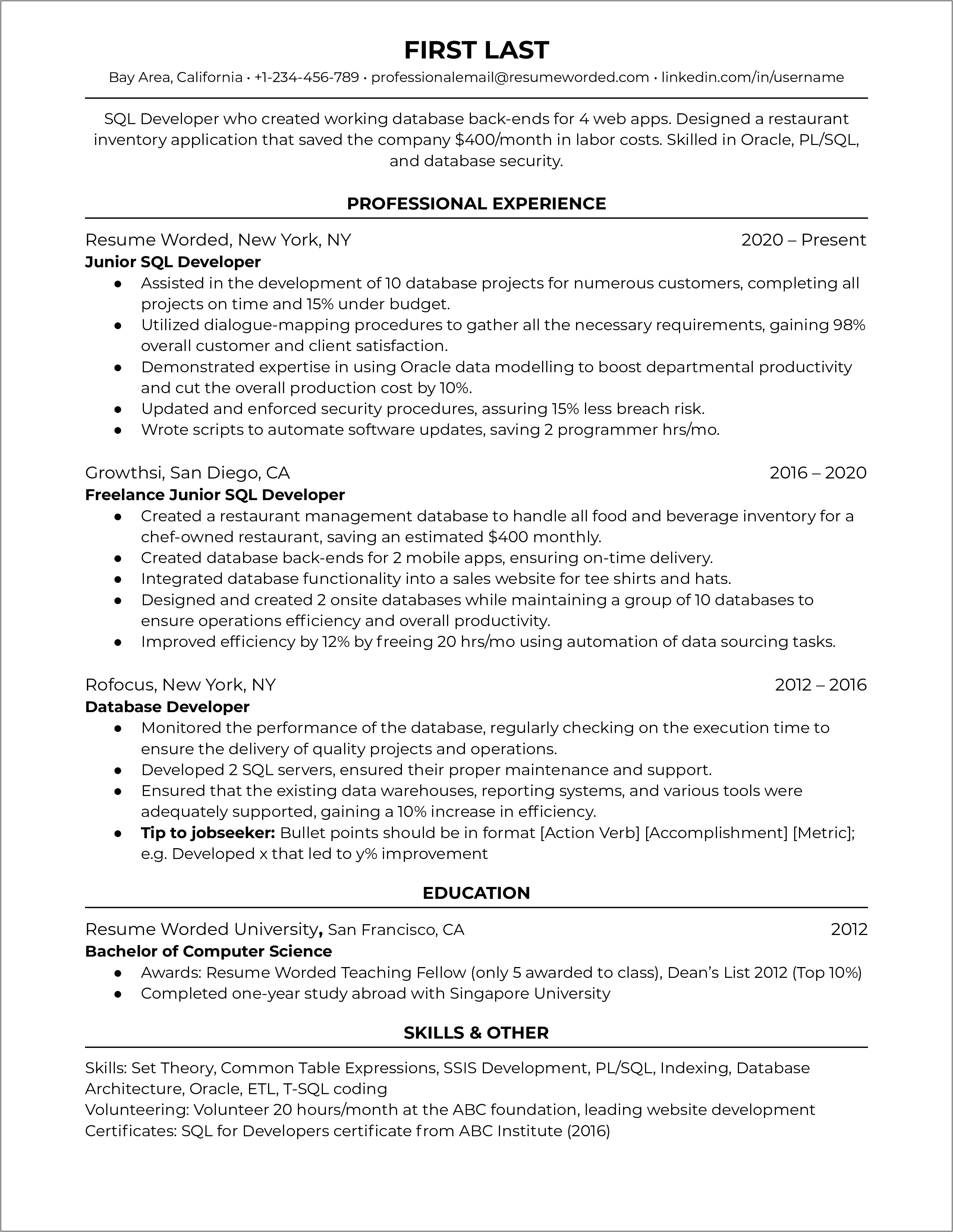 Microsoft Sql Skills For Resume